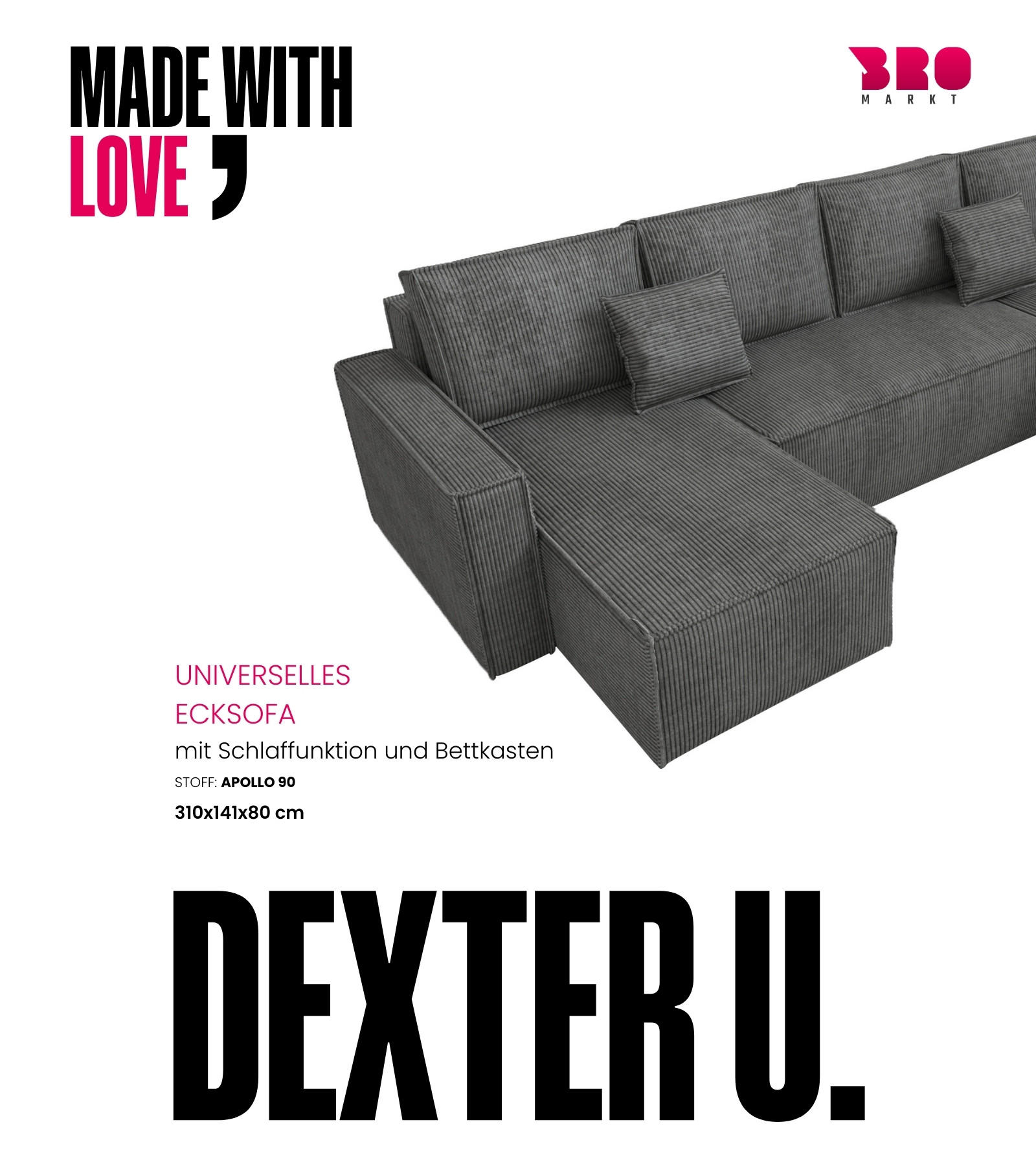 WOHNLANDSCHAFT Dexter U mit Schlaffunktion Grau Cord - Grau, Textil (310/80/141cm) - Bromarkt