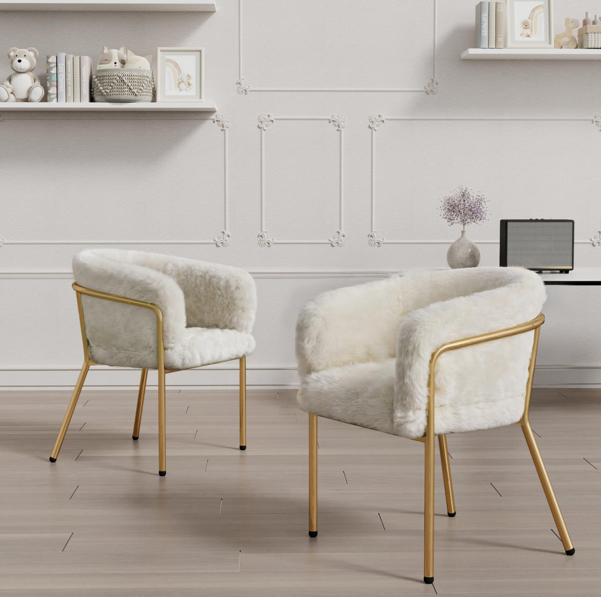 POLSTERSTUHL 57/57/77 cm weiß aus Kunstfell mit Metallbeinen - Beige, Holzwerkstoff (57/77/57cm) - OKWISH