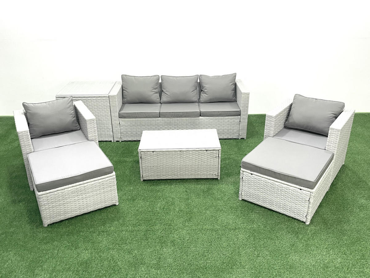 GARTENMÖBELSET mit 3-SITZER SOFA,COUCHTISCH Polyrattan Hellgrau-Mix 7-Sitzer - Hellgrau/Grau, Glas/Kunststoff - Fimous