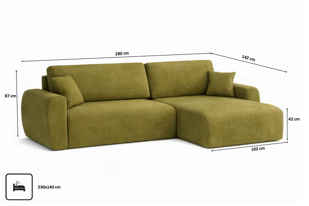 ECKSOFA Mit Schlaffunktion, Ariel XL, Velours, Stoff Salvador, Olive, Rechts - Olivgrün, Holz (280/142cm) - Kaiser Möbel
