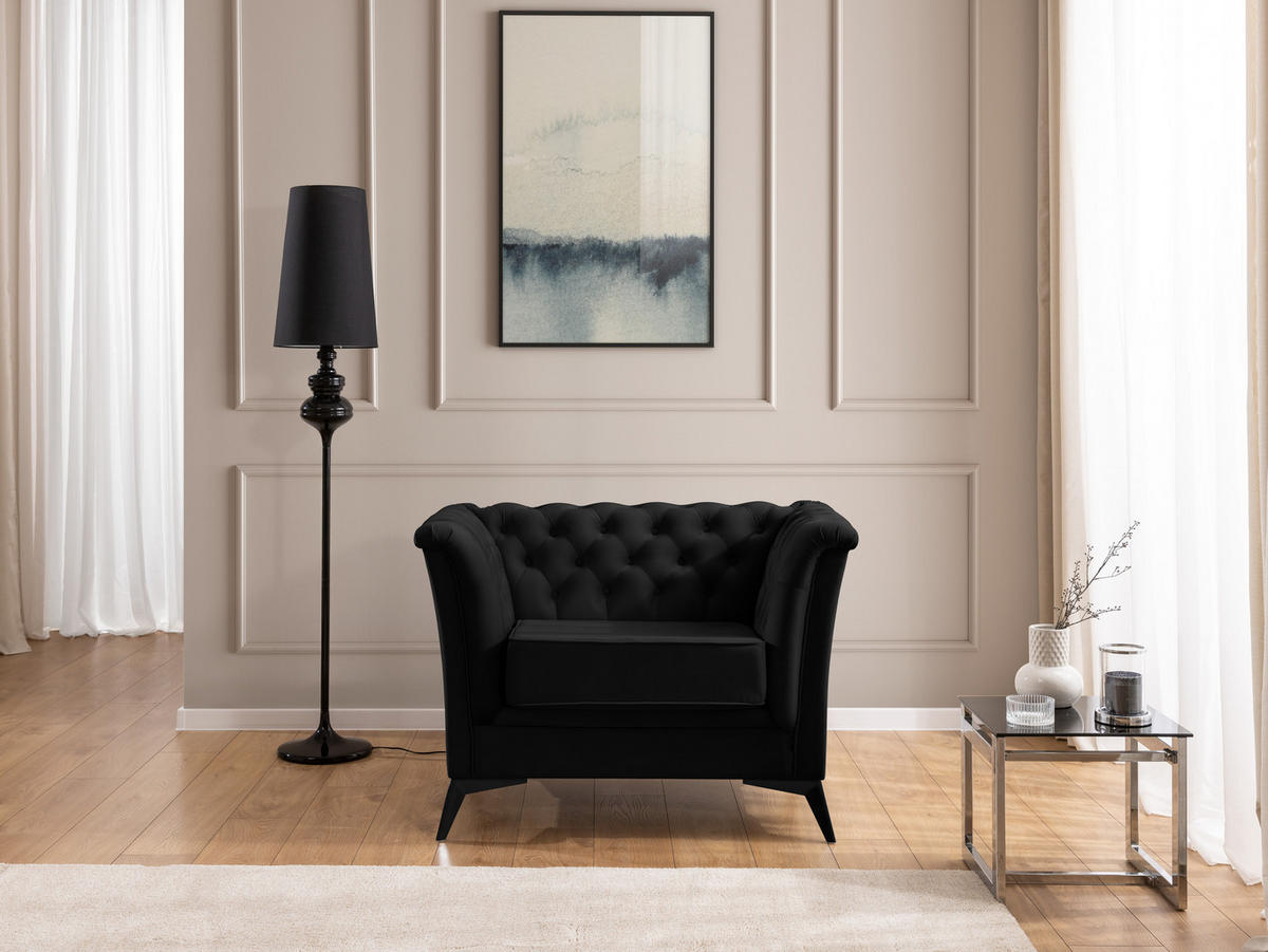 CHESTERFIELD-SESSEL Whitby Schwarz Samt mit schwarzen Füßen - Schwarz, Holz/Textil (116/78/82cm) - S-Style Möbel