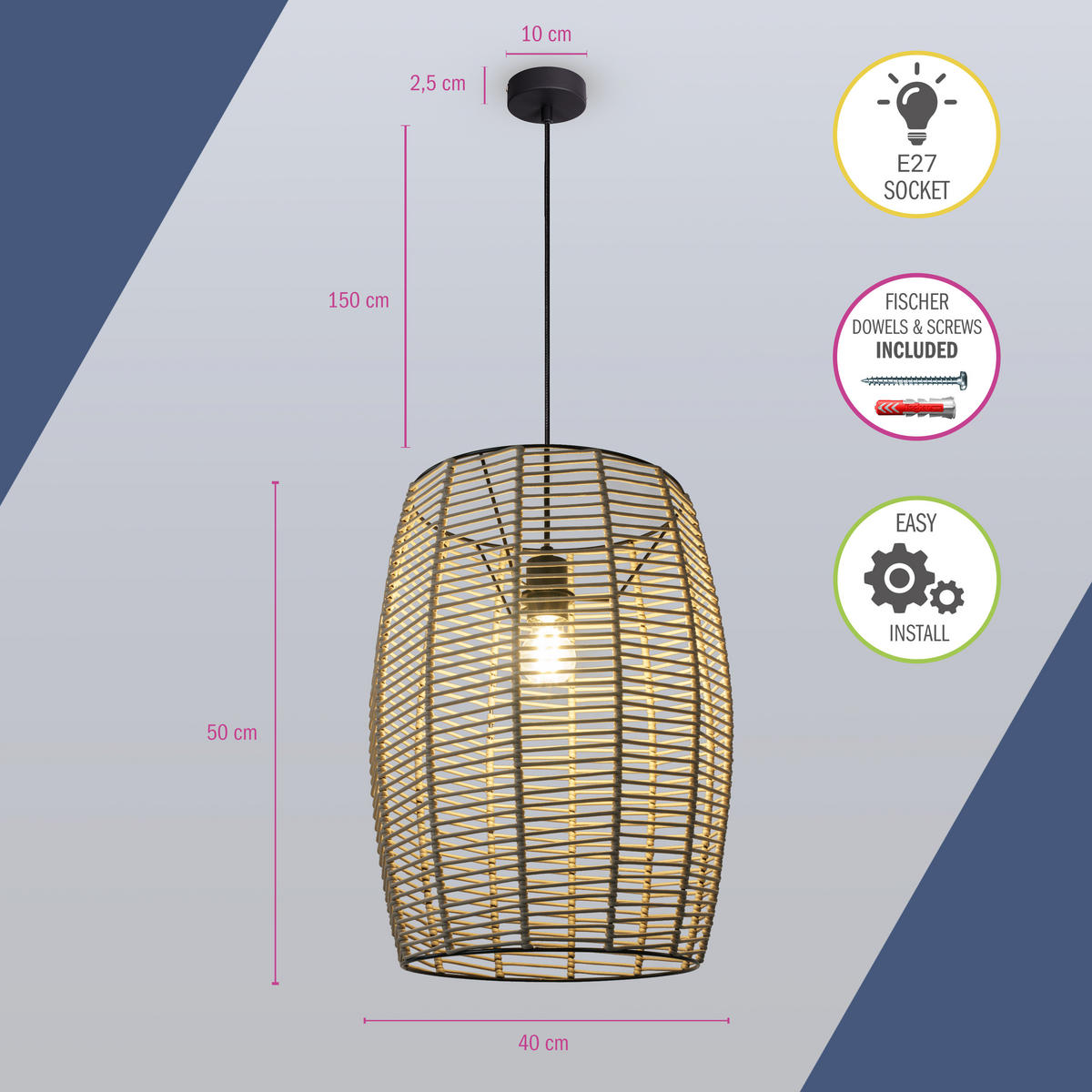 PENDELLEUCHTE Hugo Miloza - Greige, Metall (40/40/50cm) - Paco Home