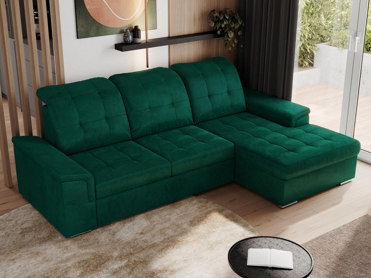 ECKSOFA MADRITO L - Dunkelgrün Velorus - Rechts - Dunkelgrün/Silberfarben, Textil/Metall (256/160cm)