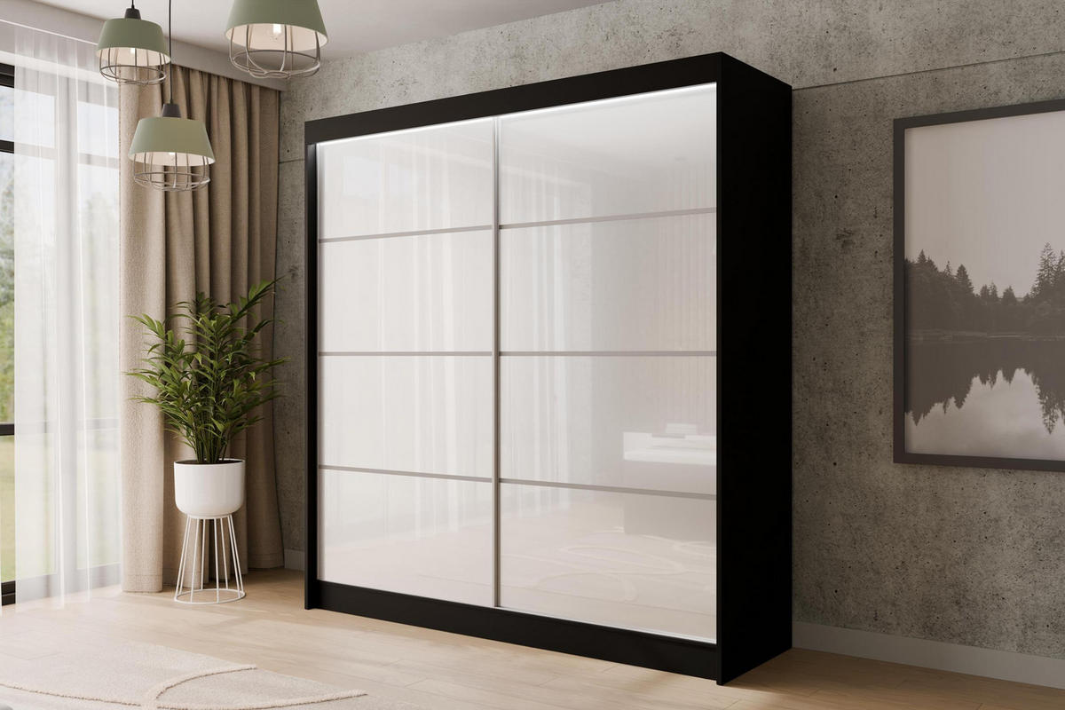 KLEIDERSCHRANK PEKA III mit LED - 200 cm - Schwarz|Weiß - Schwarz/Weiß, Holzwerkstoff (200/215/61cm) - ALTDECOR