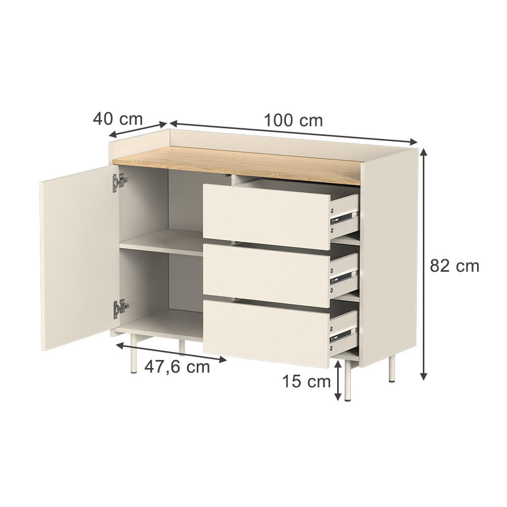 KOMMODE Velina Creme 100 x 82 cm mit 3 Schubladen und 1 Tür - Eichefarben/Creme, Holzwerkstoff (100/82/40cm) - Vicco
