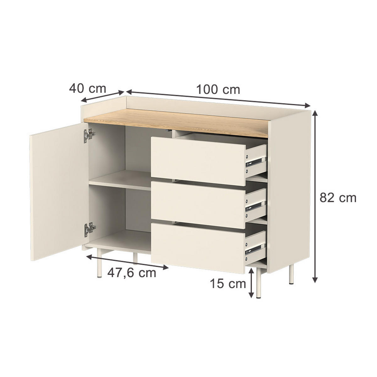 KOMMODE Velina Creme 100 x 82 cm mit 3 Schubladen und 1 Tür - Eichefarben/Creme, Holzwerkstoff (100/82/40cm) - Vicco