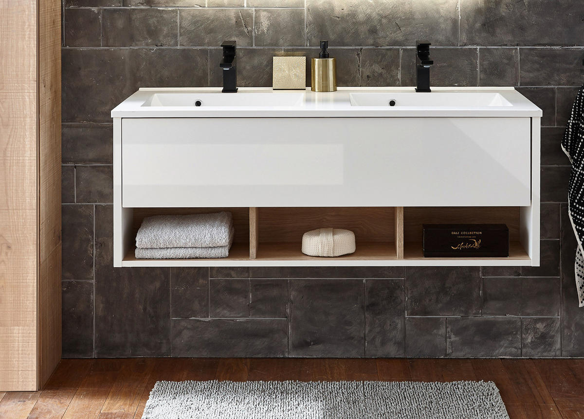 WADSCHTISCHKOMBI weiß Hochglanz und Eiche, Doppelwaschtisch inkl. 2x Waschbecken, Breite 120 cm - Weiß Hochglanz/Eichefarben, Holzwerkstoff (120/44/47cm) - Furn.Design