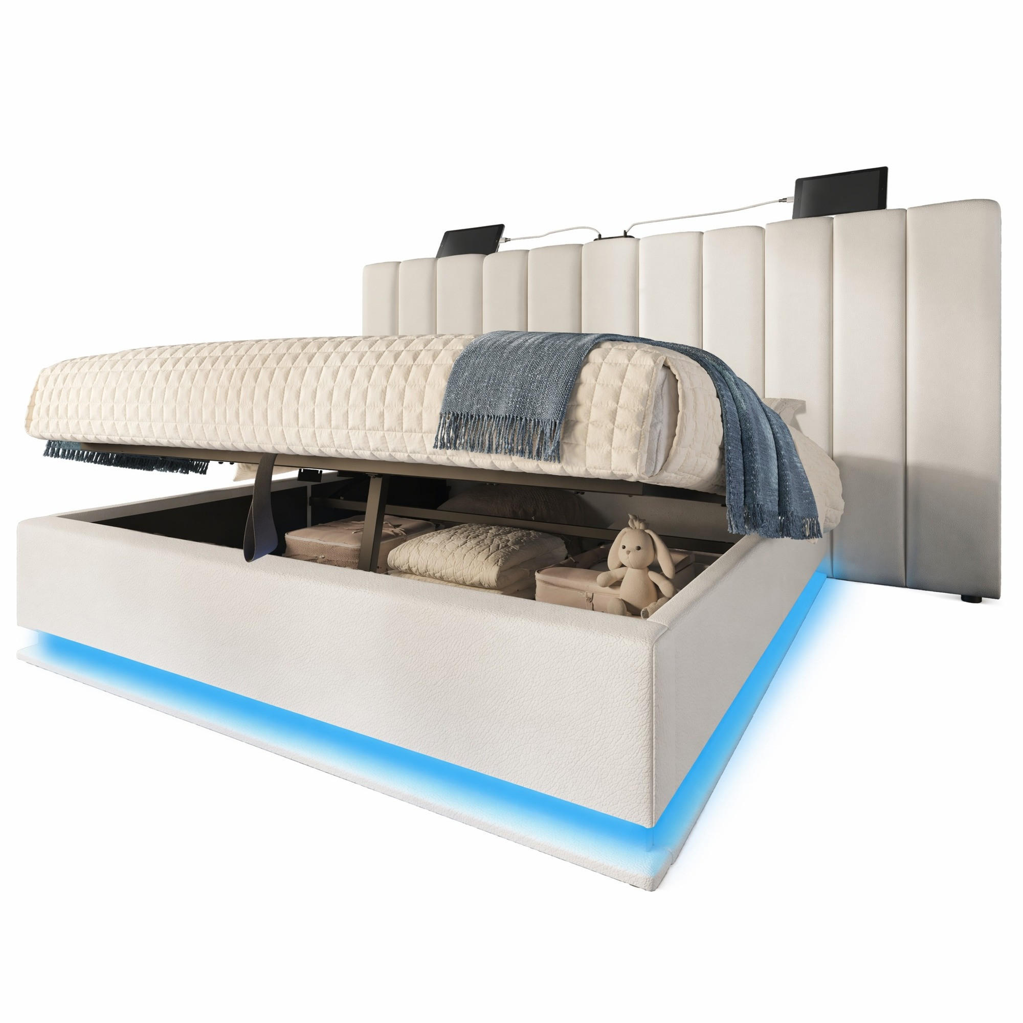 ČALOUNĚNÁ POSTEL 160/200 cm v bílé barvě s úložným prostorem, LED a USB-C - bílá, kov/kompozitní dřevo (160/200cm) - CHICFURN