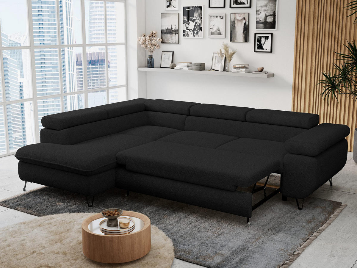 ECKSOFA PETER L Schwarz Boucle - Links Seite - Schwarz, Textil/Metall (208/273cm) - MKS