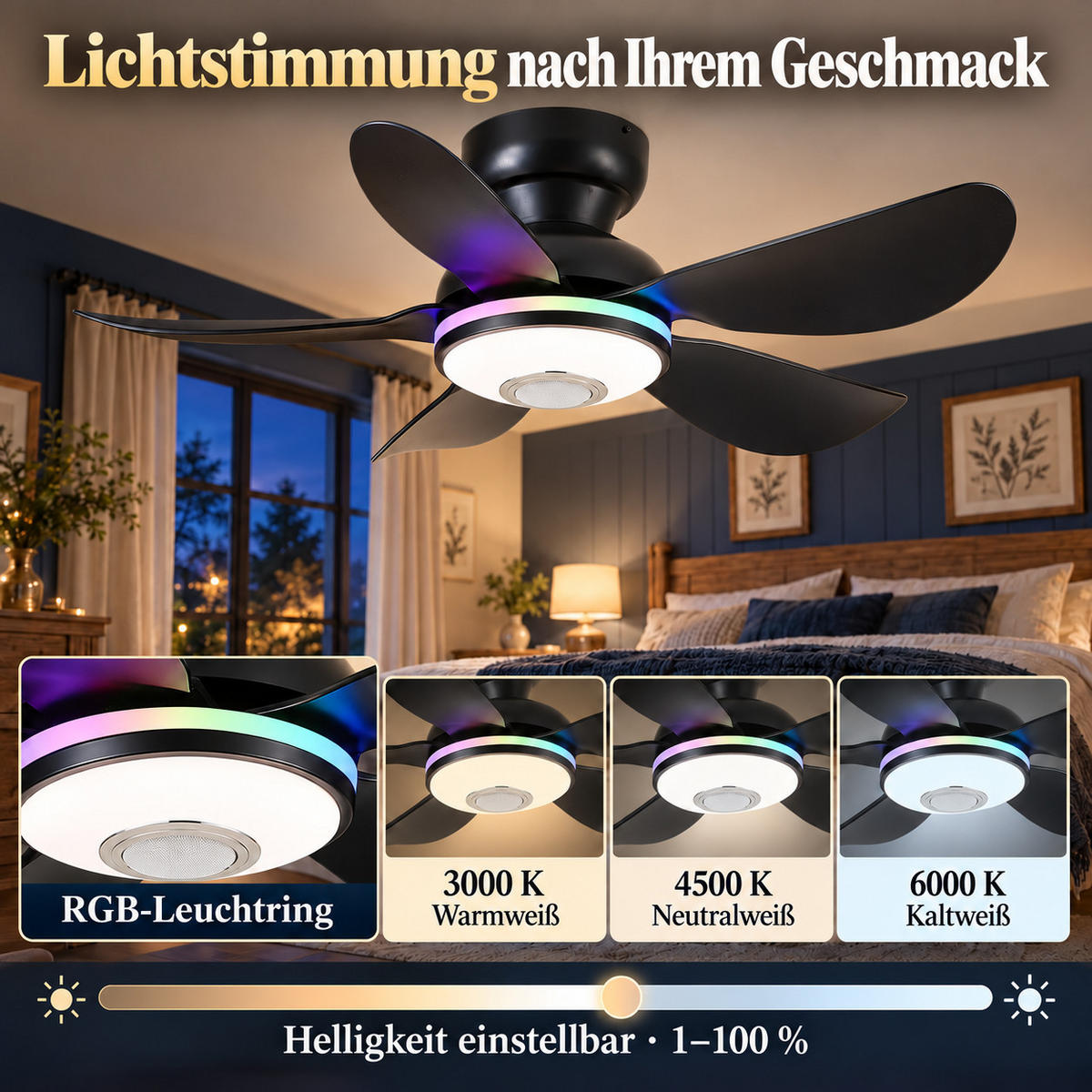 DECKENVENTILATOR Schwarz 81 cm mit LED und leisem DC-Motor - Schwarz, Kunststoff (81/81/24cm) - Surtime