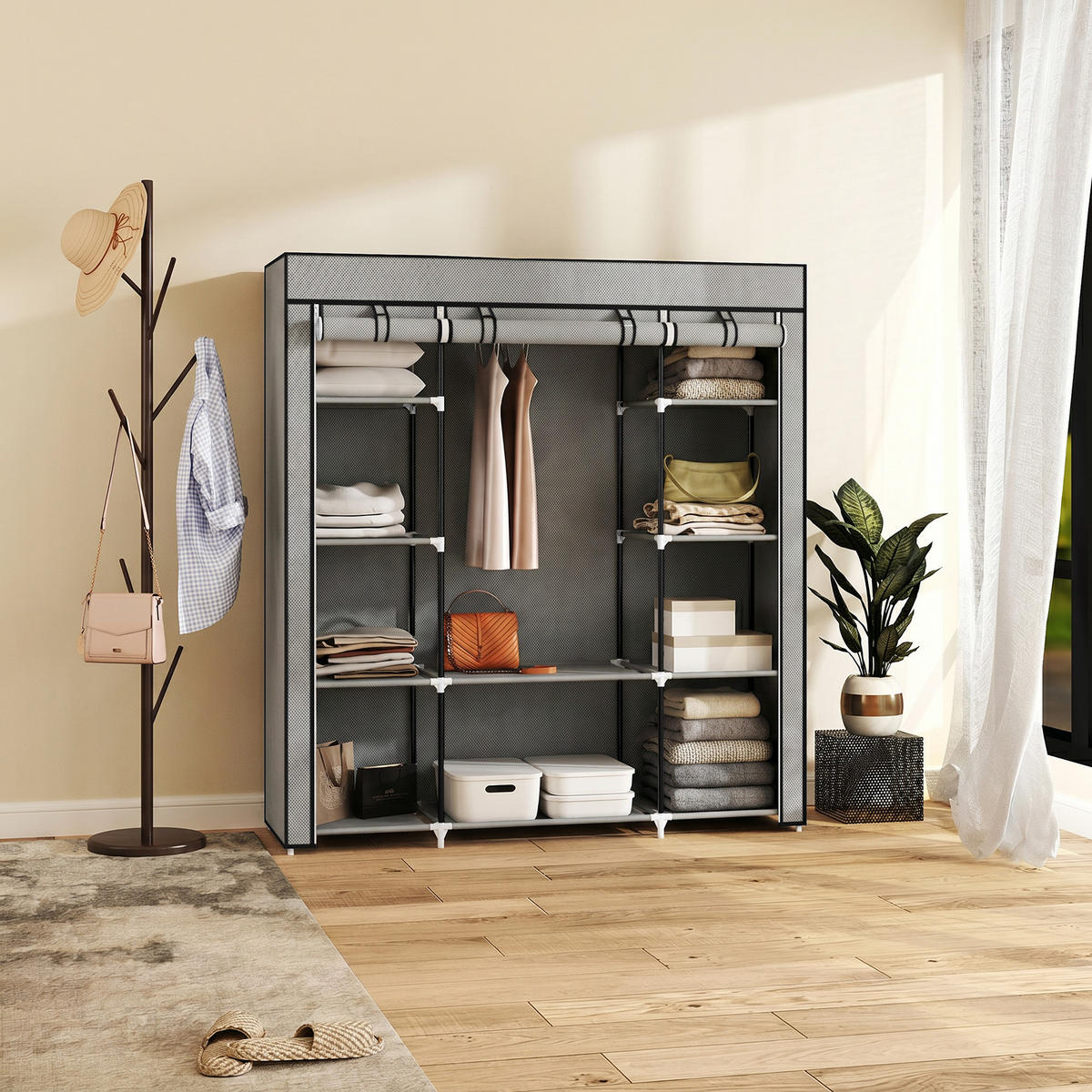 STOFFSCHRANK Hellgrau 1 Stück - Hellgrau, Naturmaterialien (150/162.5/43cm) - GiPP