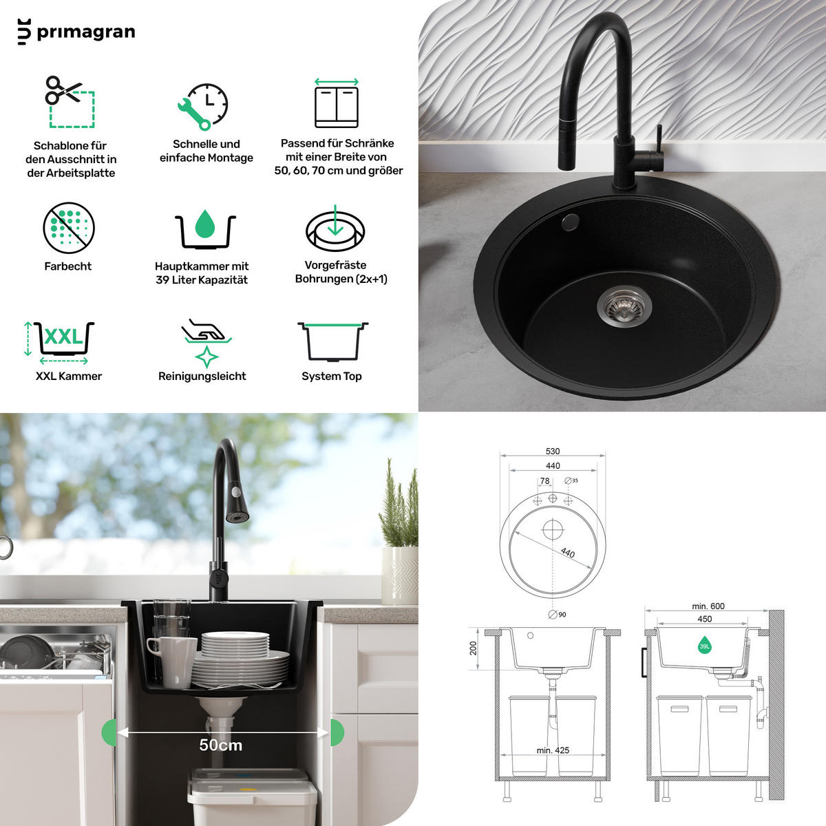 SPÜLBECKEN RUND Pisa Max, 2-er set Anthrazit 53/53 cm 1 Becken + Ablauf-Set + Schneidebrett ab 50er Unterschrank - Chromfarben/Anthrazit, Kunststoff (53/20/53cm) - Primagran