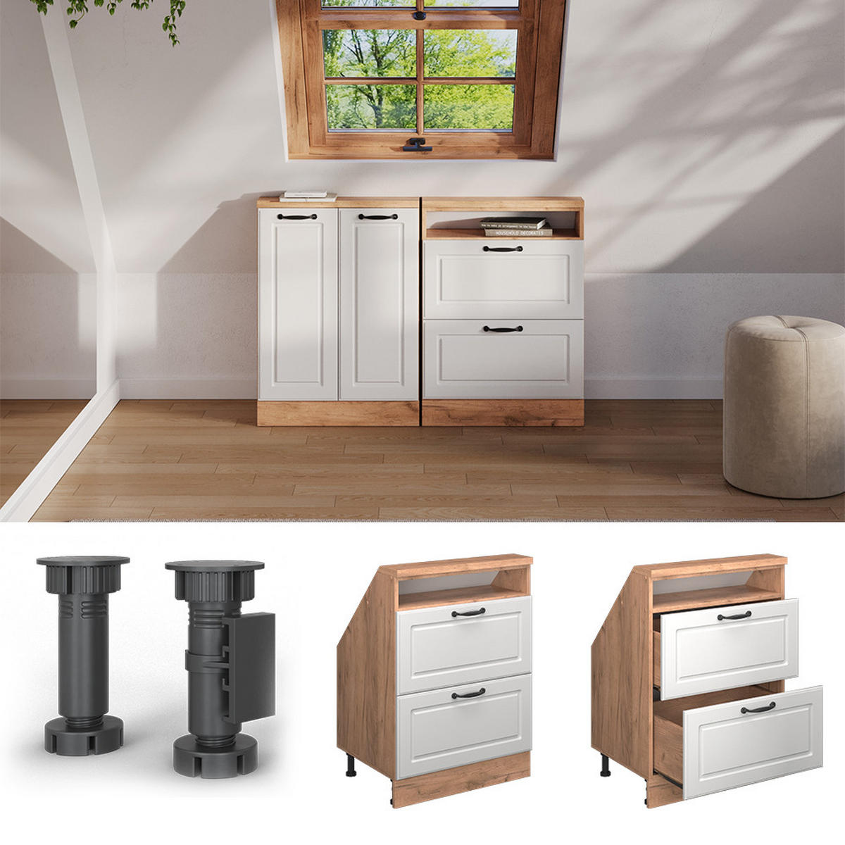 DACHSCHRÄGENSCHRANK Rion Weiß Landhaus/Goldkraft Eiche mit 2 Schubladen - Honigeiche/Weiß, Holzwerkstoff (60/81.6/46cm) - Vicco