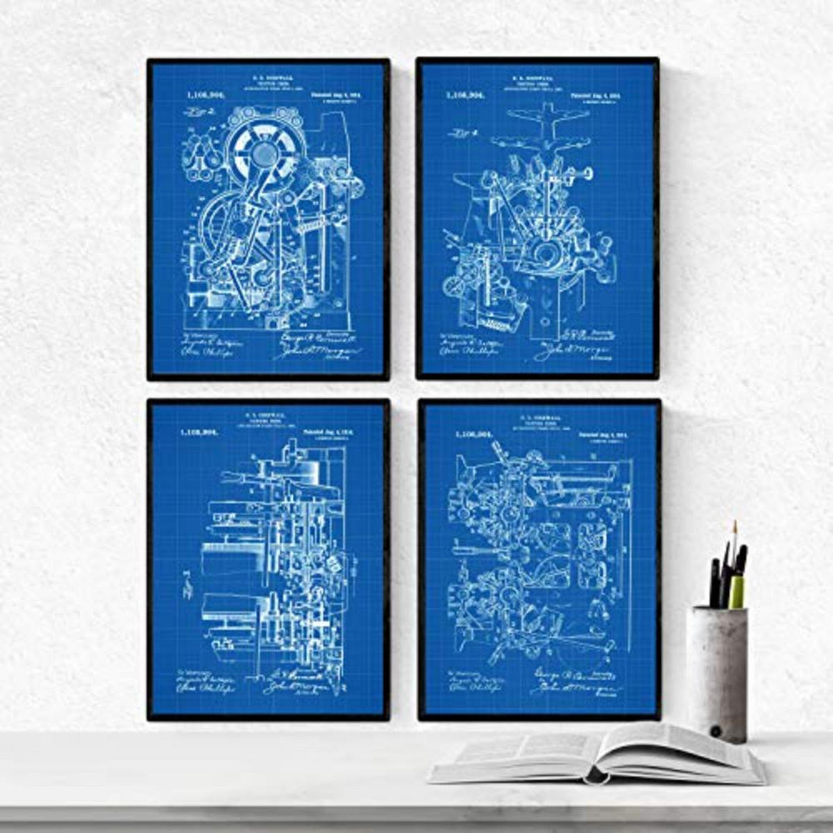 POSTER Set mit 4 Blau Druckerei Patent A4 Schwarzer Rahmen - Schwarz, Papier (29.7/3cm) - Nacnic