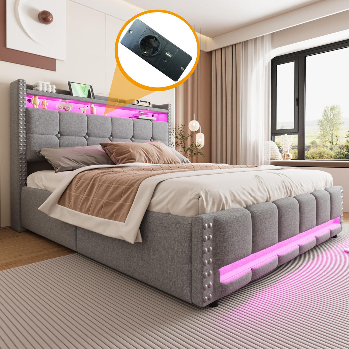 POLSTERBETT 160x200 cm LED USB Stauraum hellgrau - Hellgrau, Textil (160/200cm) - LEBENLANG