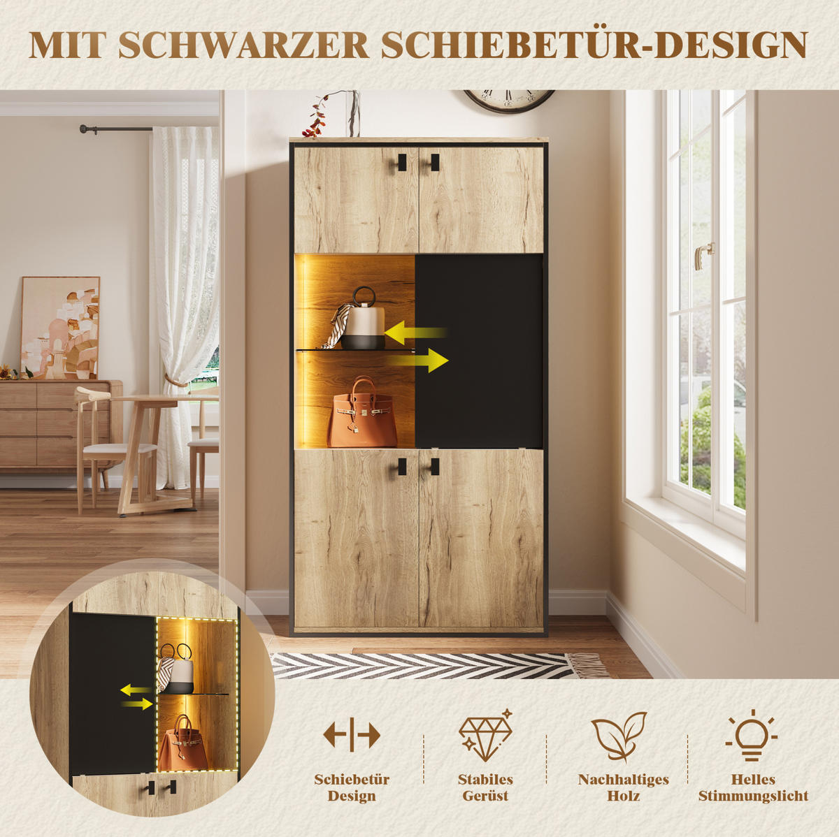 HIGHBOARD aus Holzwerkstoff 77,8/36/150 cm mit LED-Beleuchtung, Schiebetür und 3-Zonen-Stauraum, Naturfarben - Naturfarben, Holzwerkstoff (77.8/150/36cm) - Redom
