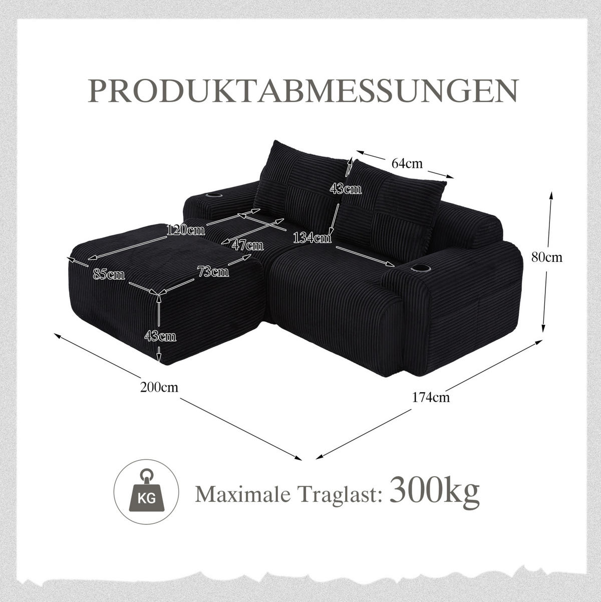 ECKSOFA 200/174/80 cm schwarz aus Cord mit Cupholder und Tasche - Schwarz, Textil (174/200cm) - OKWISH