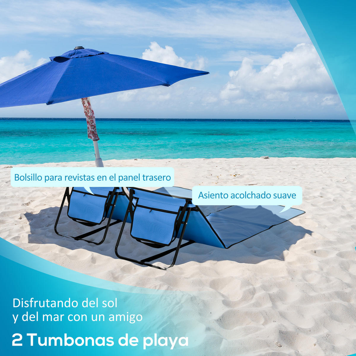 STRANDMATTE, 2er-Set, Azul, verstellbare Lehne mit Tragegurt, 142 x 51 x 40 cm - Blau, Metall (142/40/51cm) - Vallsero