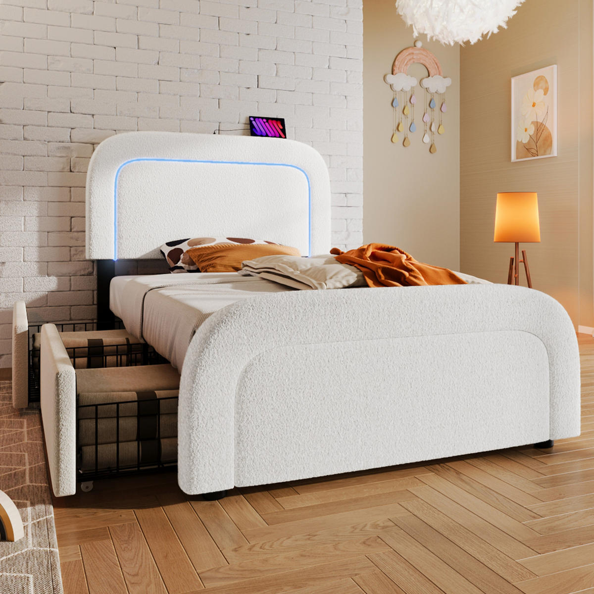 POLSTERBETT 90/200 cm aus Sherpa mit LED-Beleuchtung, USB-C und 2 Schubladen Weiß - Weiß, Fell (90/200cm) - Modenvie