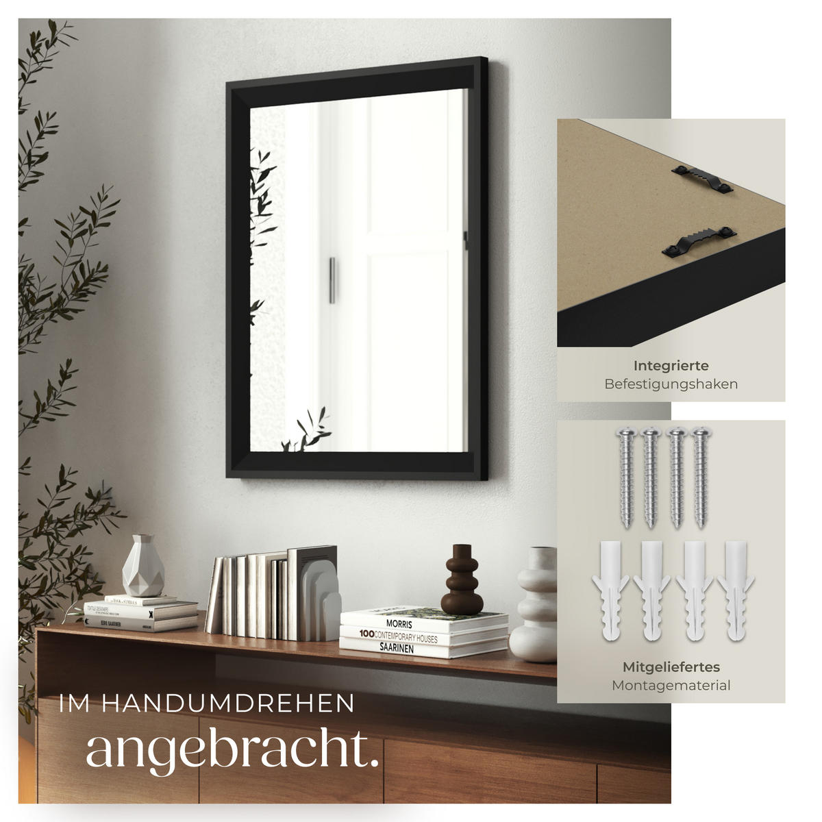 RECHTECKIGER WANDSPIEGEL Elina,integrierte Befestigungshaken,schwarz - Schwarz, Glas (50/70/3.8cm) - tectake