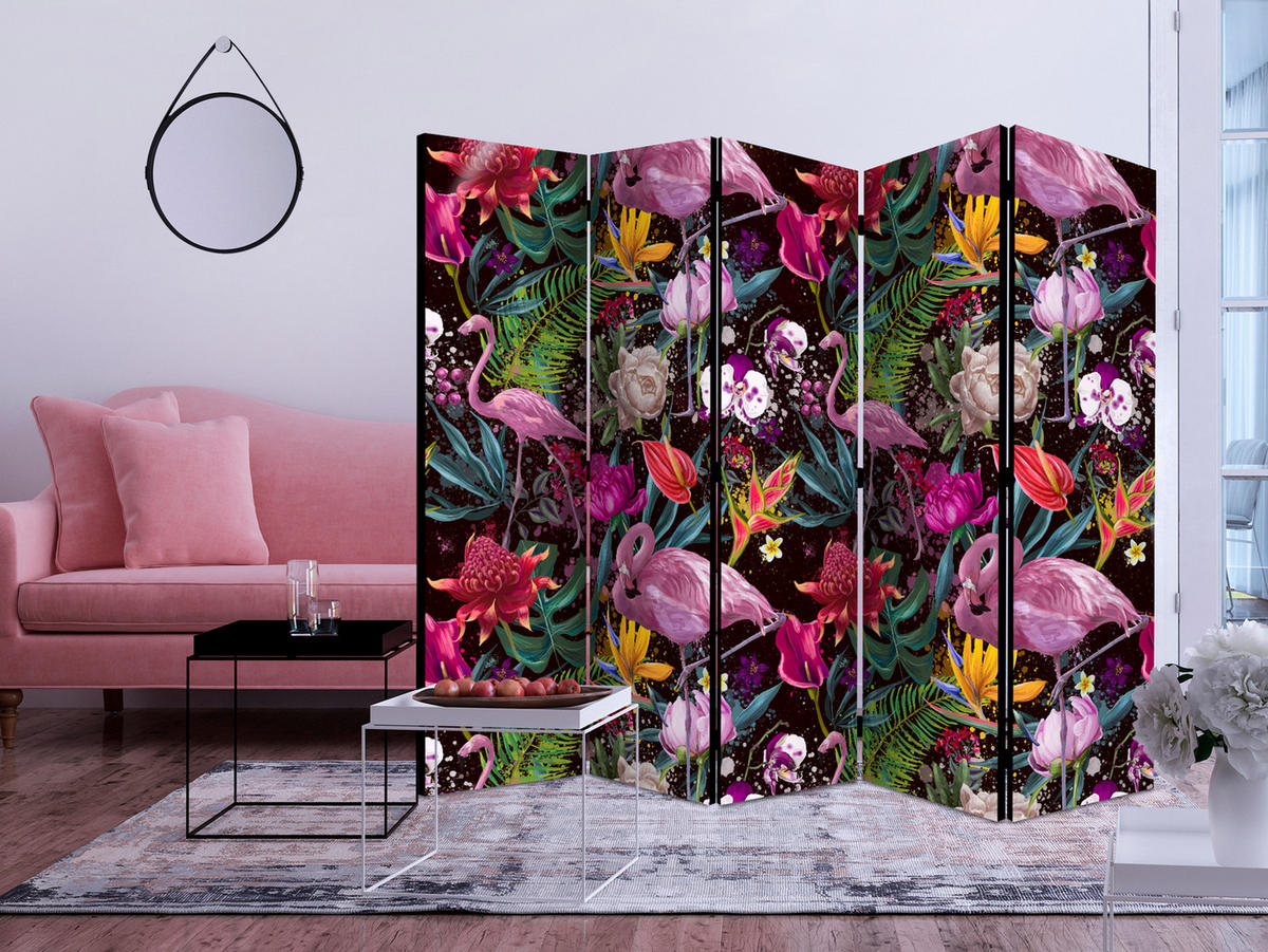 PARAVÁN Jednostranný 5-dielny 225x172 cm Plameniaky A Exotické Kvety - viacfarebná, drevo/textil (225/172/3cm) - Muralo