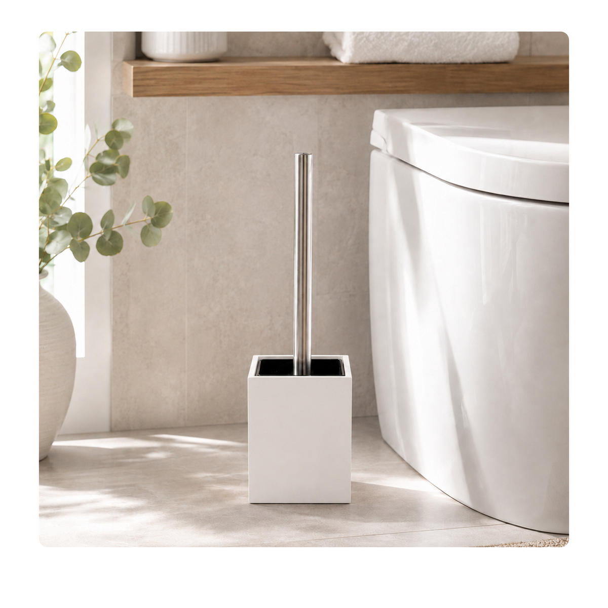 WC-ŠTĚTKA Bílá s držákem bambus - bílá, kov/dřevo (9.5/37/9.5cm) - Relaxdays