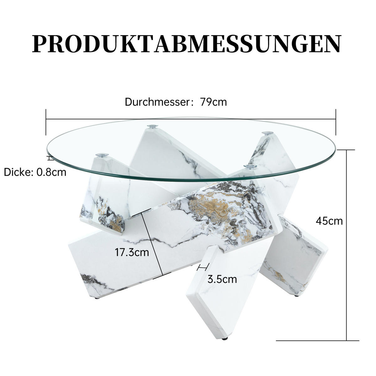 COUCHTISCH, MDF & 0,8 cm gehärtetes Glas, weißes Marmor-Design, kreuzförmige Stütze, 79/79/45 cm,weiß - Weiß, Holzwerkstoff (79/79/45cm) - Redom