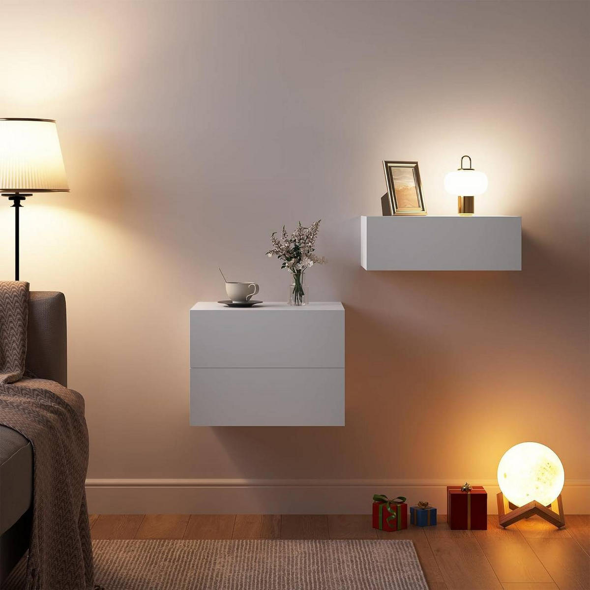 NACHTTISCH 2er Set hängend, mit Schublade, 40x30x14 cm, Weiß - Weiß, Holzwerkstoff (40/14/30cm) - Woltu