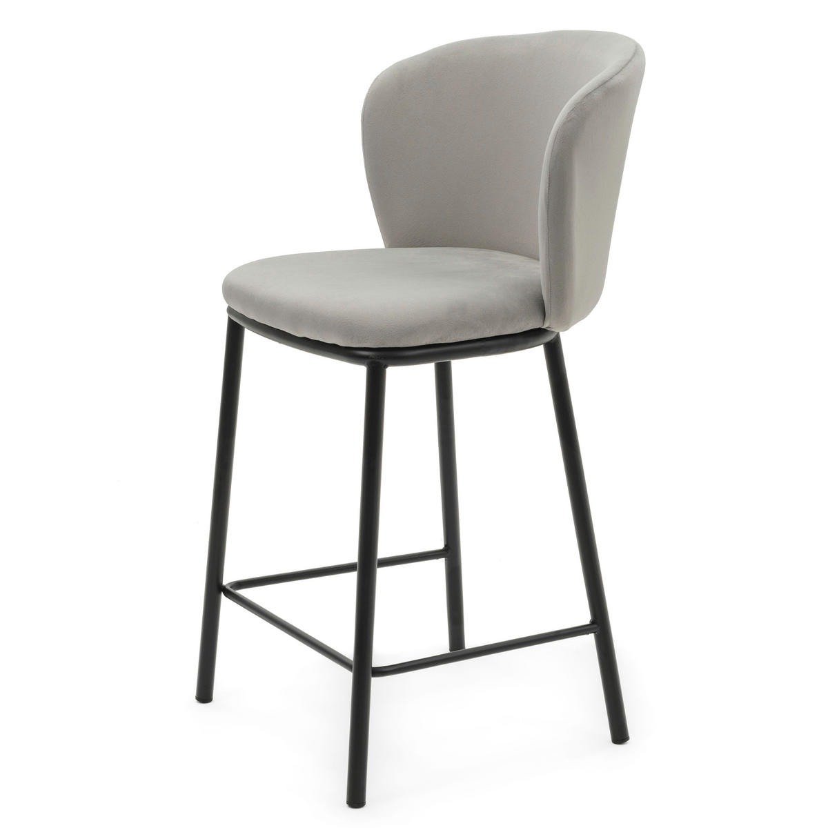 BARHOCKER BARI gepolsterter mit Steppung - hellgrau - Samt Velour - Hellgrau/Schwarz, Textil/Metall (55/94/57cm) - NEW HOME