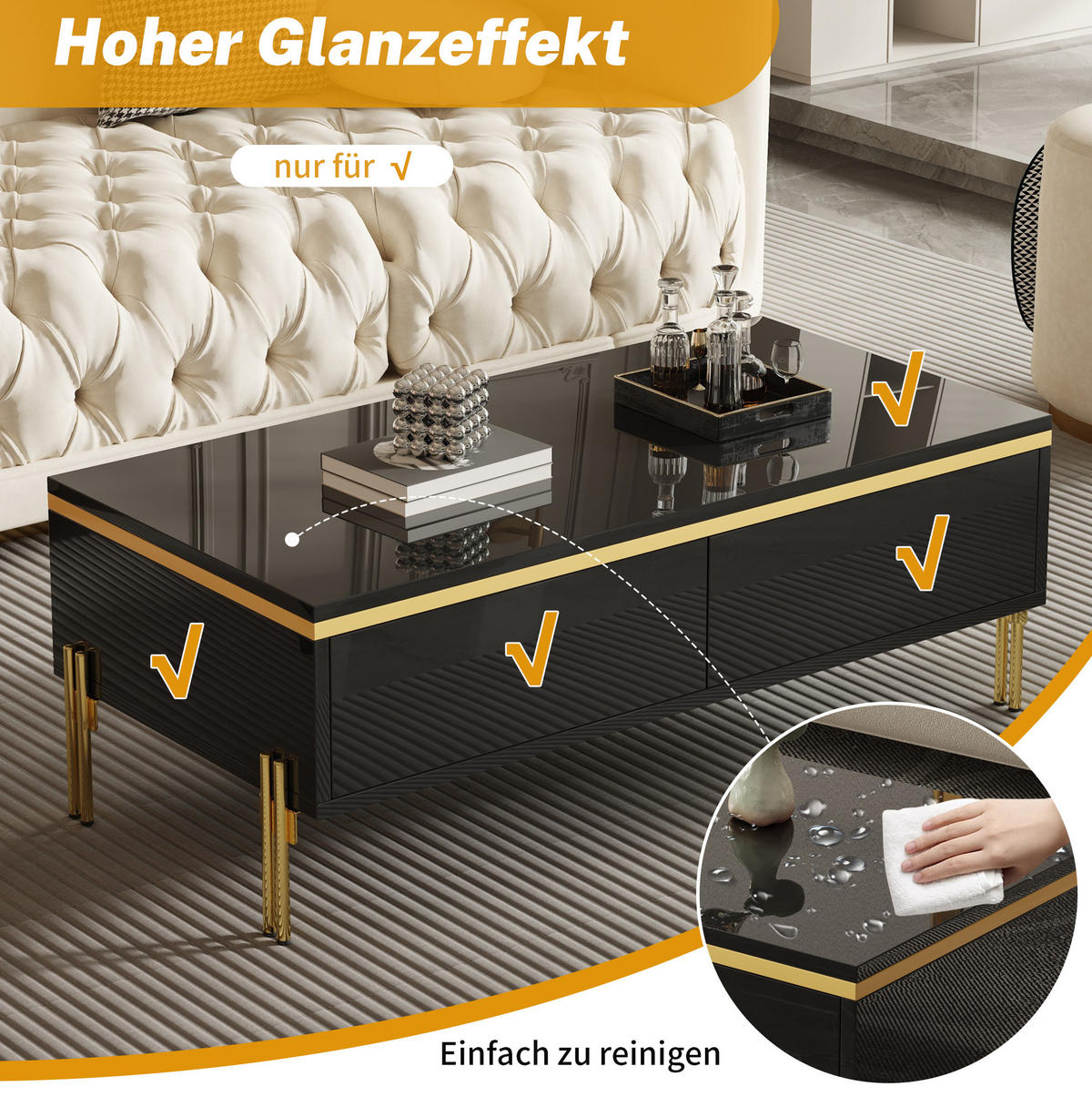 TV-MÖBEL- und Couchtisch-Set 170/38/50 + 100/50/36 cm aus Holzwerkstoff mit Stauraum und Schubladen, hochglänzend, Schwarz - Schwarz, Holzwerkstoff (170/50/38cm) - Redom