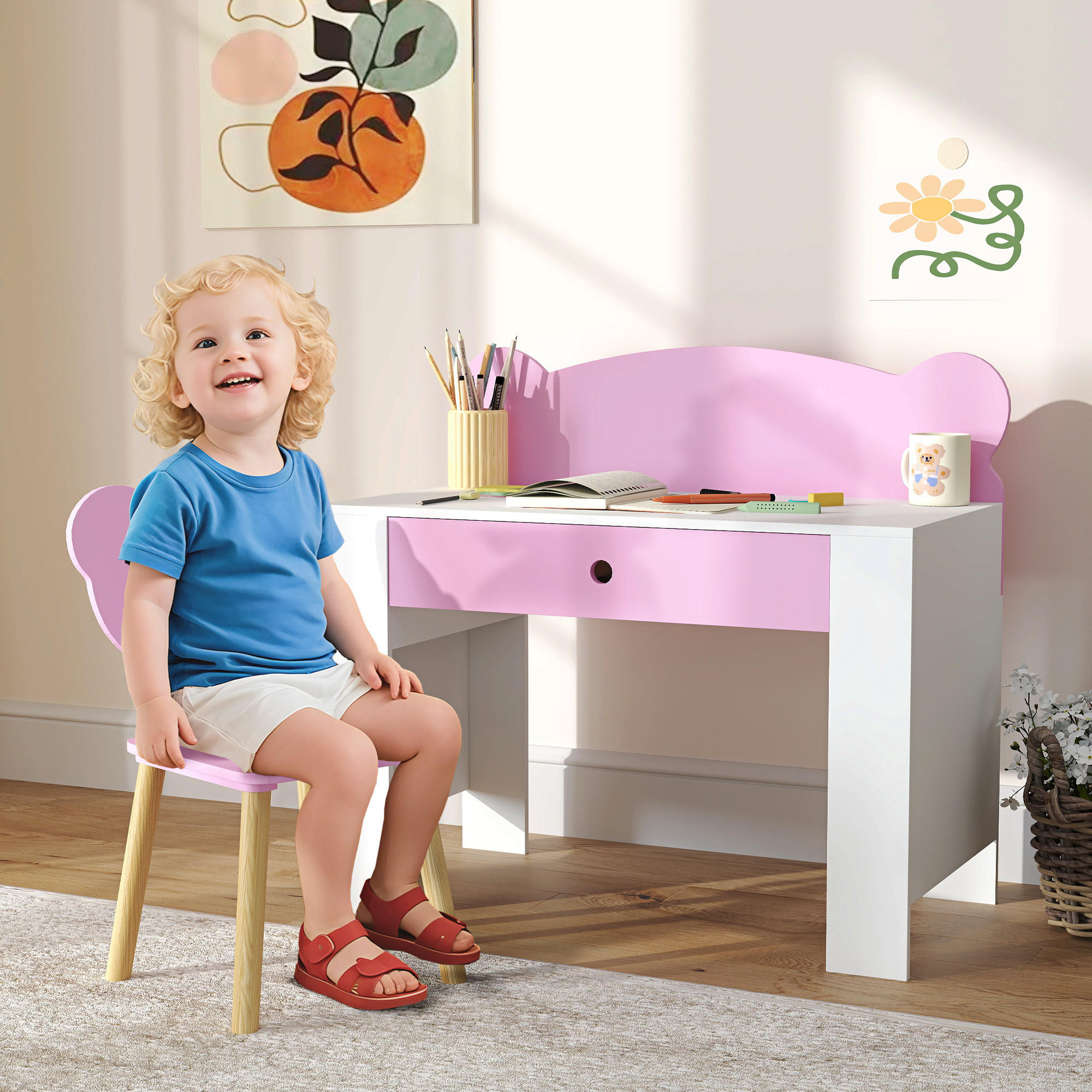 KINDERSCHREIBTISCH Set mit Tischplatte & Schublade Kinder Schreibtisch und Stuhl - Rosa, Holz (41/74.5/80cm) - AIYAPLAY