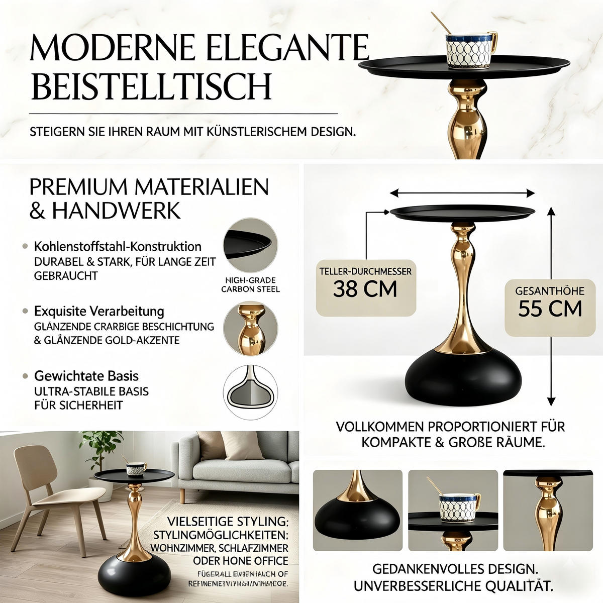 BEISTELLTISCH Ø 38 cm luxuriöses design - Schwarz, Metall (38/38/54cm) - Urban Meuble