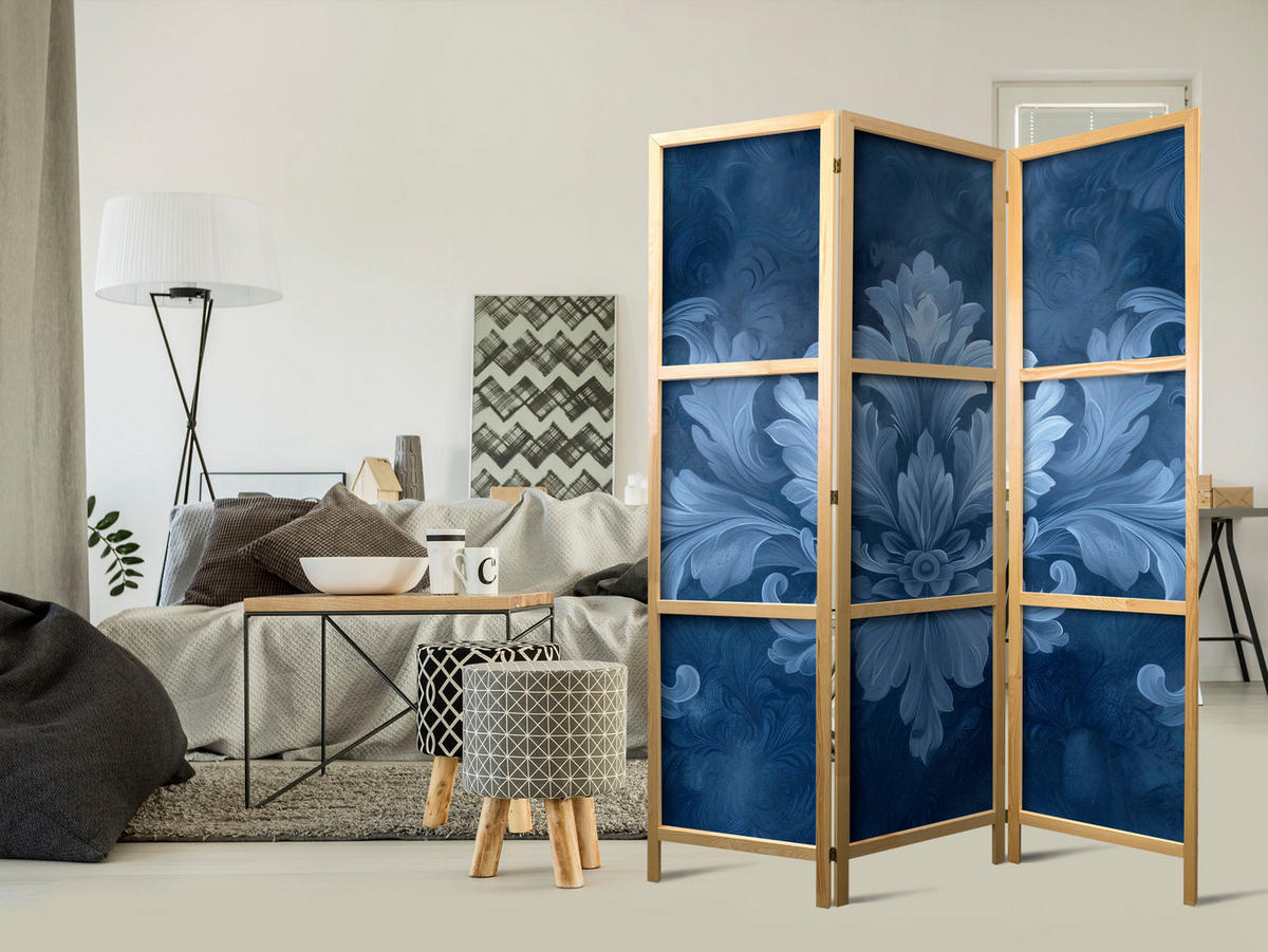 PARAVENT Japanischer 3-tlg 135x172 cm Blaue Ornamente - Blau, Holz/Textil (135/172/3cm) - Muralo