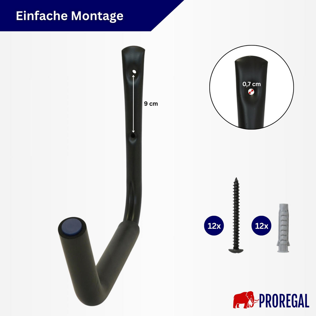 XXL- Schwerlasthaken GRIT mit Polsterhaken HxBxT 31x4x38 cm Traglast 35 kg Schwarz 6-teiliges Set Wandhaken - Schwarz, Metall (38/4/31cm) - PROREGAL