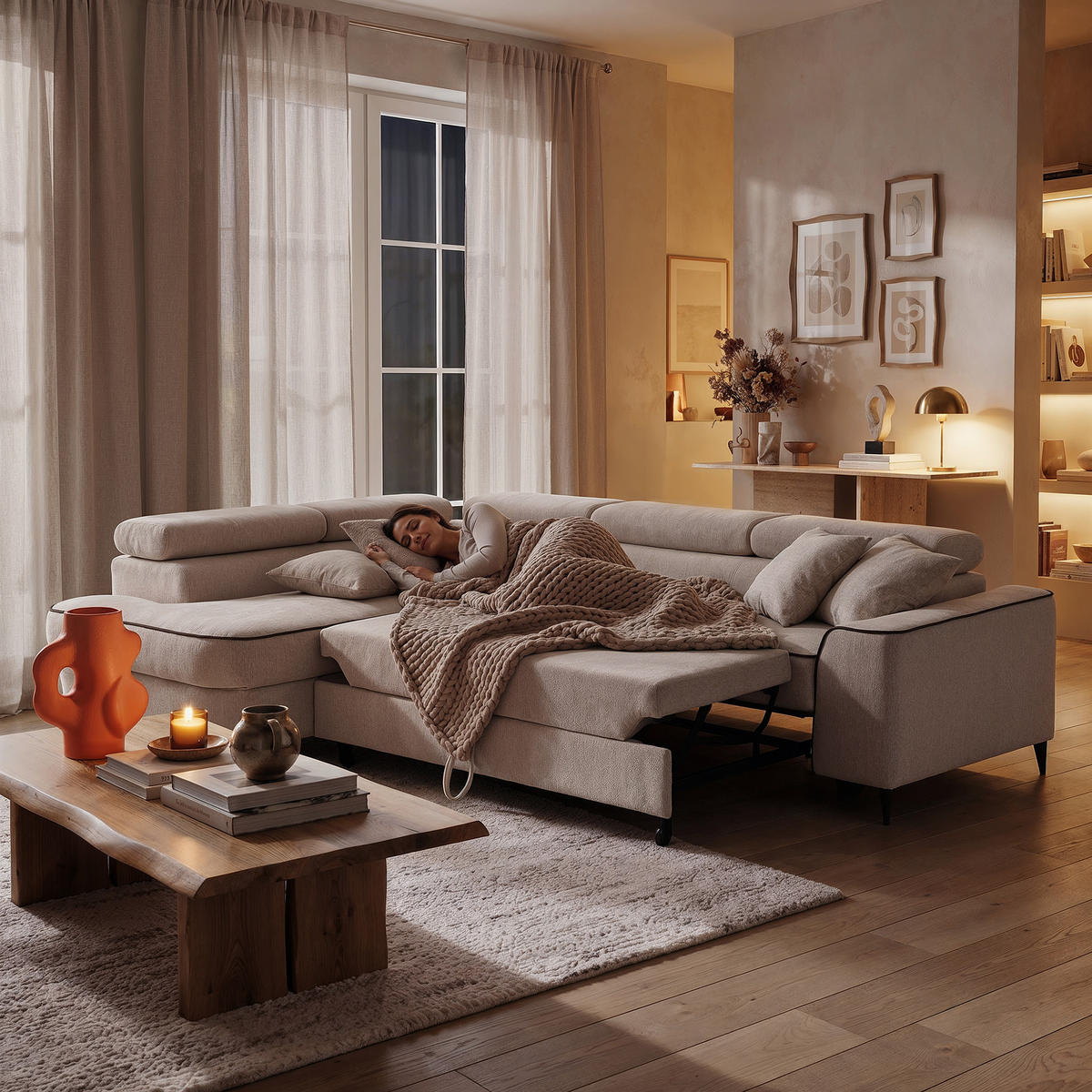 ECKSOFA EVER L Links mit Schlaffunktion 193x126 Chenille Beige - Beige/Schwarz, Holz/Textil (267/204cm) - Muffo