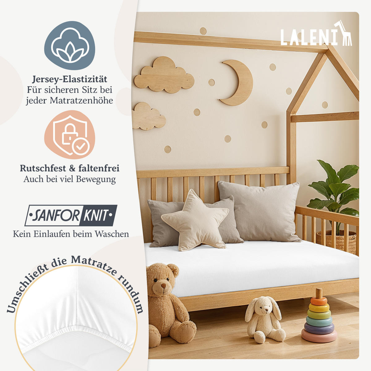 SPANNBETTLAKEN für Beistellbett & Stubenwagen – 100% Baumwolle, Atmungsaktiv & Weich, 28x73cm - 30x76cm, Weiß - Weiß, Textil (28/76cm) - Laleni
