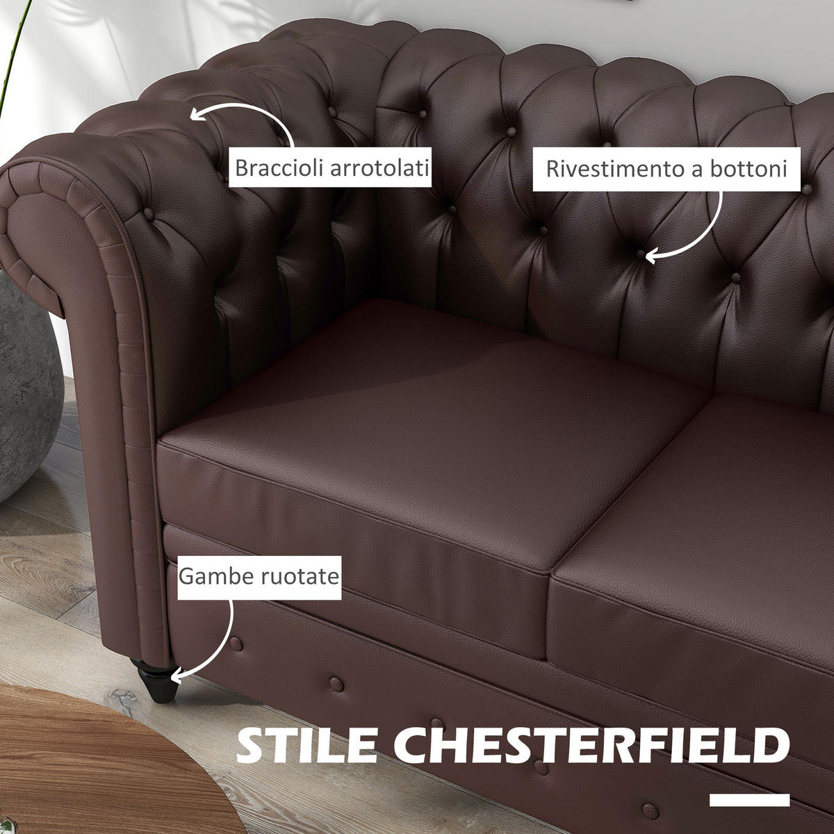 SOFA, 2-Sitzer, Chesterfield, abnehmbare Kissen, Kunstleder, braun, 160x84x80cm - Multicolor, Holzwerkstoff (160/80/84cm) - FORIOUS