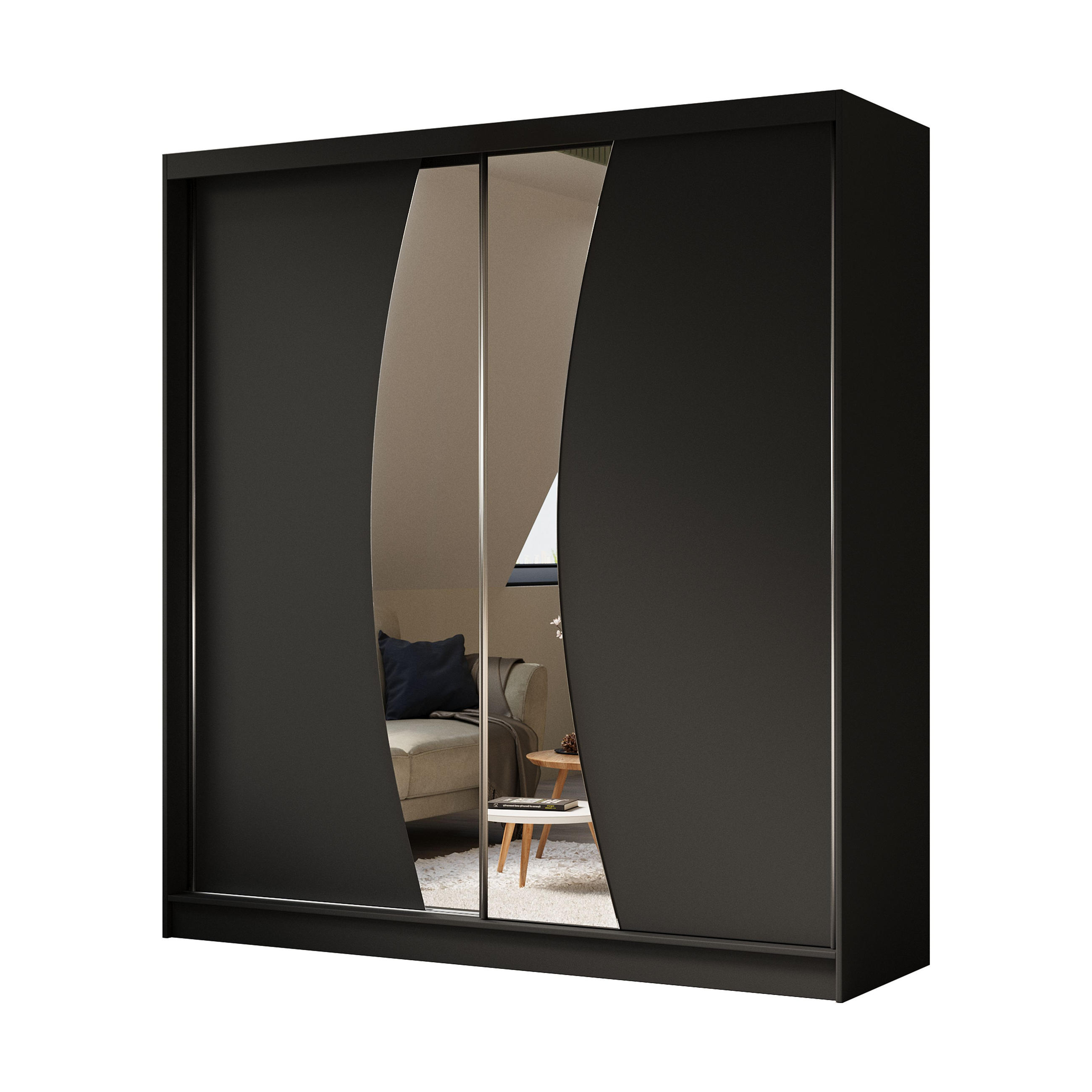 SCHWEBETÜRENSCHRANK VOCE 200/216/61 cm 2-türig mit Spiegel Schwarz - Schwarz, Holzwerkstoff (200/216/61cm) - MASSENO