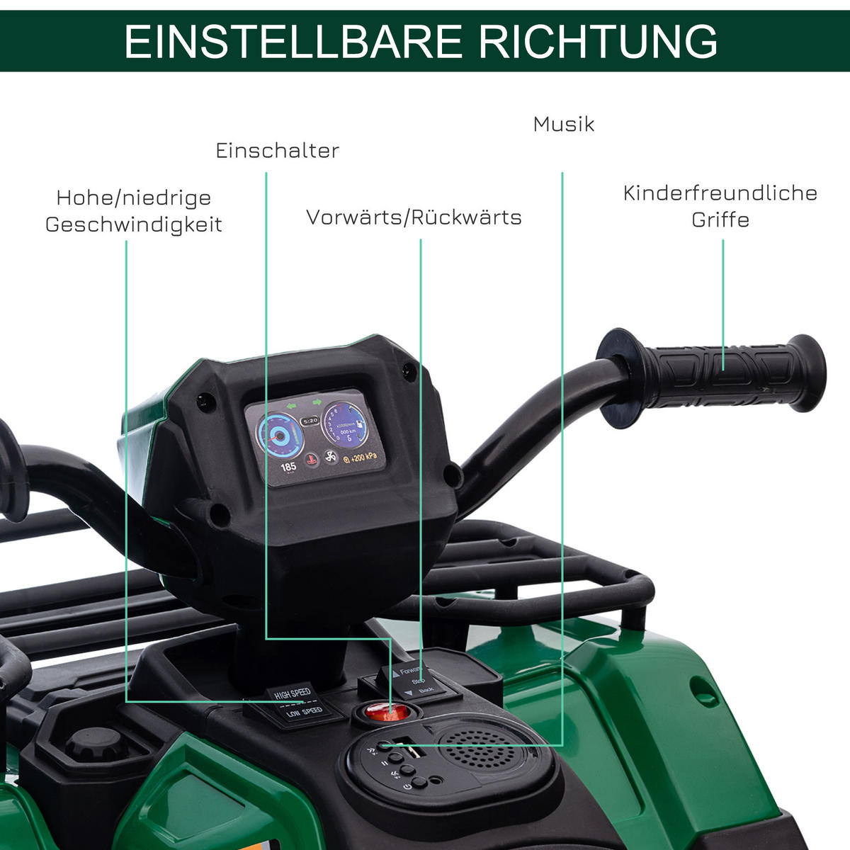 MINI ELEKTRO-QUAD KINDER, Schwarz+Grün, Kunststoff+ Stahl - Schwarz/Grün, Metall (88/45/50cm) - HOMCOM