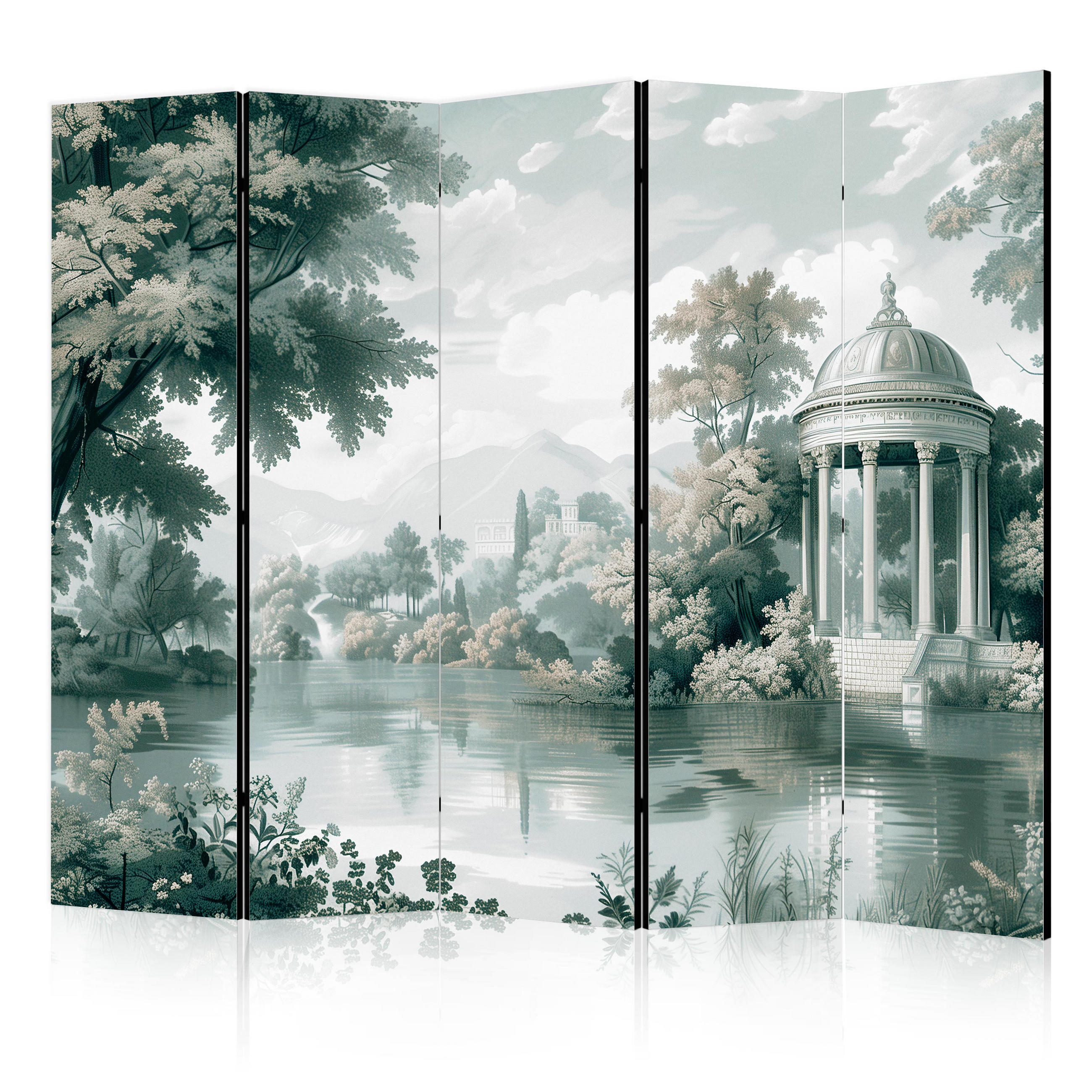 PARAVÁN Akustický 5-Dielny 225x172 cm Krajina Park a Jazero - sivá, drevo/textil (225/172/3cm) - Muralo