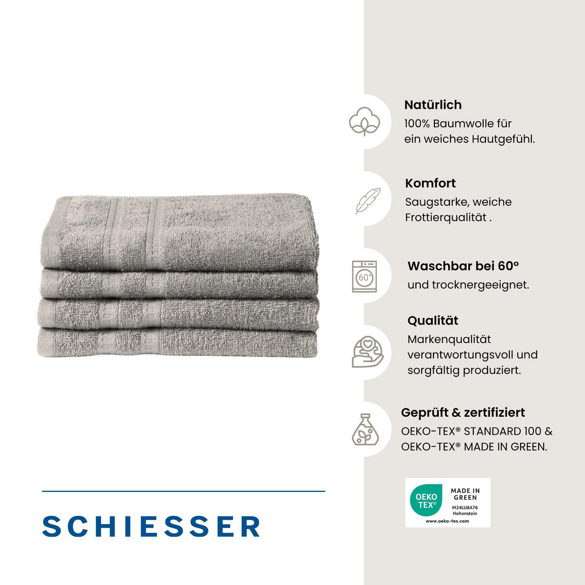 GÄSTETUCHSET Miro - 4-teilig - 30 x 50 cm - Silber - Grau, Textil (30/50cm) - SCHIESSER