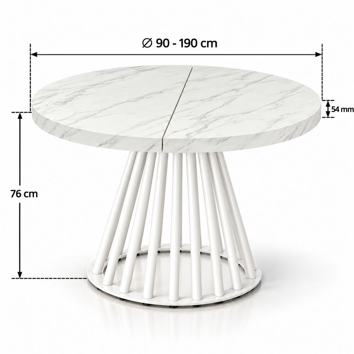 ESSTISCH rund ausziehbar 90/190/76 cm, Marmor, 54 cm Tischplatte + Lamellen-Metallgestell Weiß - Hellgrau/Weiß, Holzwerkstoff/Metall (90/190/76cm) - Damale Möbel