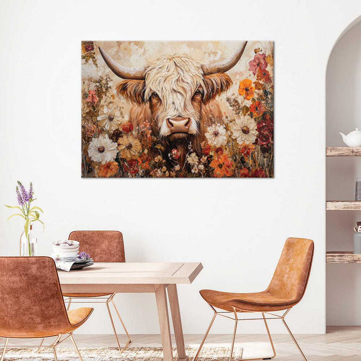 WANDBILD schottische kuh retro blumen - Beige, Textil (60/40cm) - Feeby