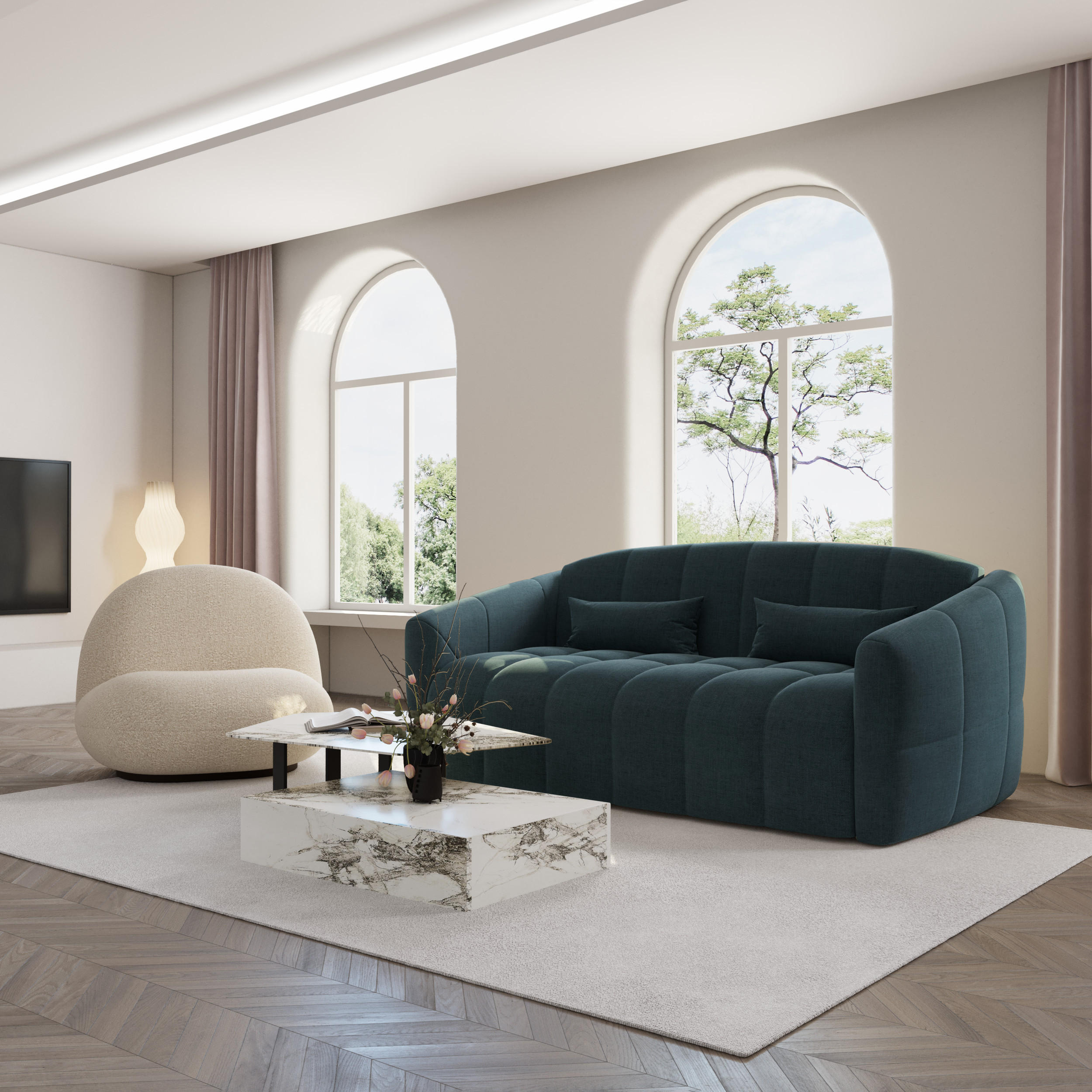 SCHLAFSOFA GERADE Samt Pfauenblau 225cm - Blau/Hellblau, Textil (225/88/108cm) - Sia Home