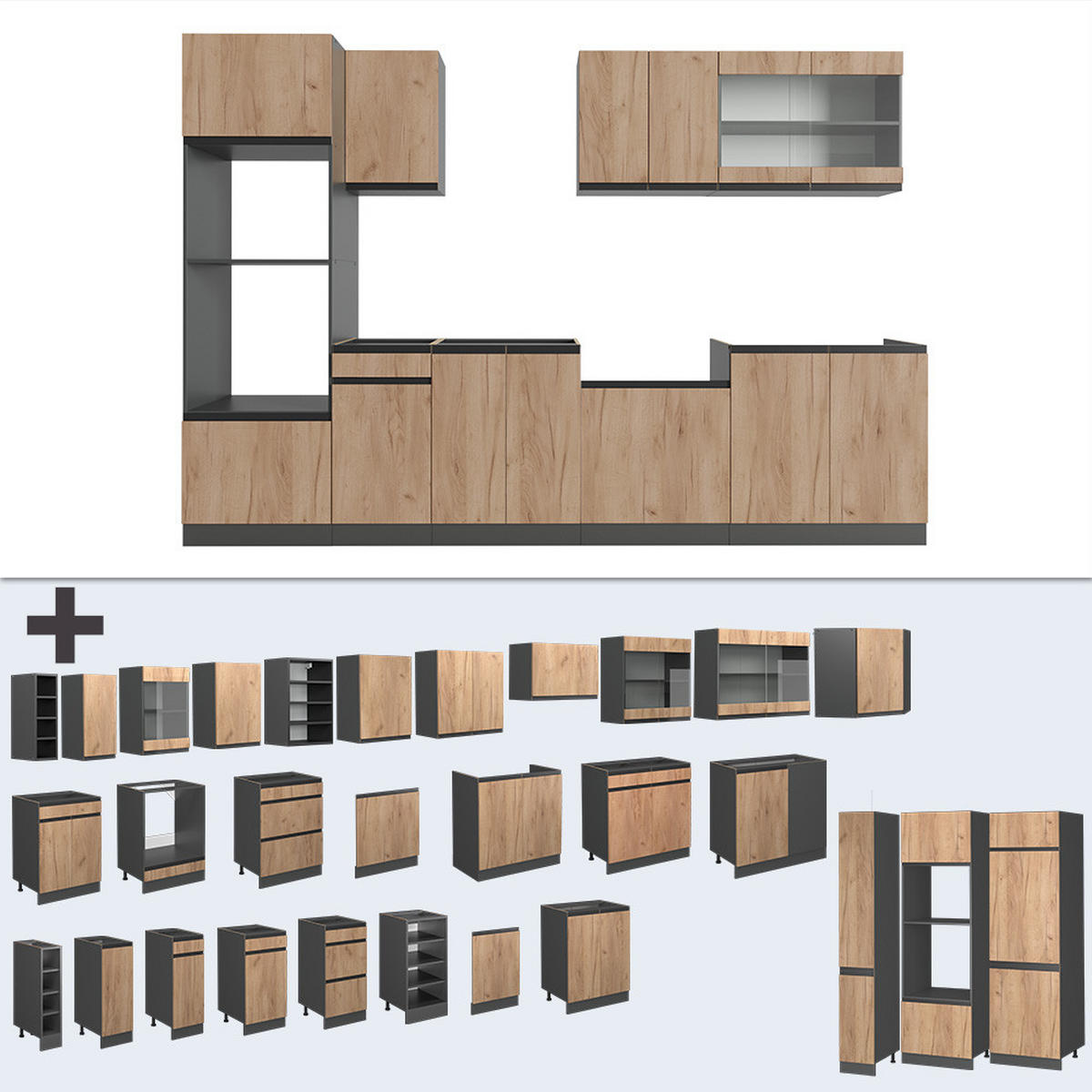KÜCHENZEILE R-Line Goldkraft Eiche/Anthrazit 300 cm J-Shape ohne AP - Honigeiche/Anthrazit, Holzwerkstoff (300/81.6/46cm) - Vicco