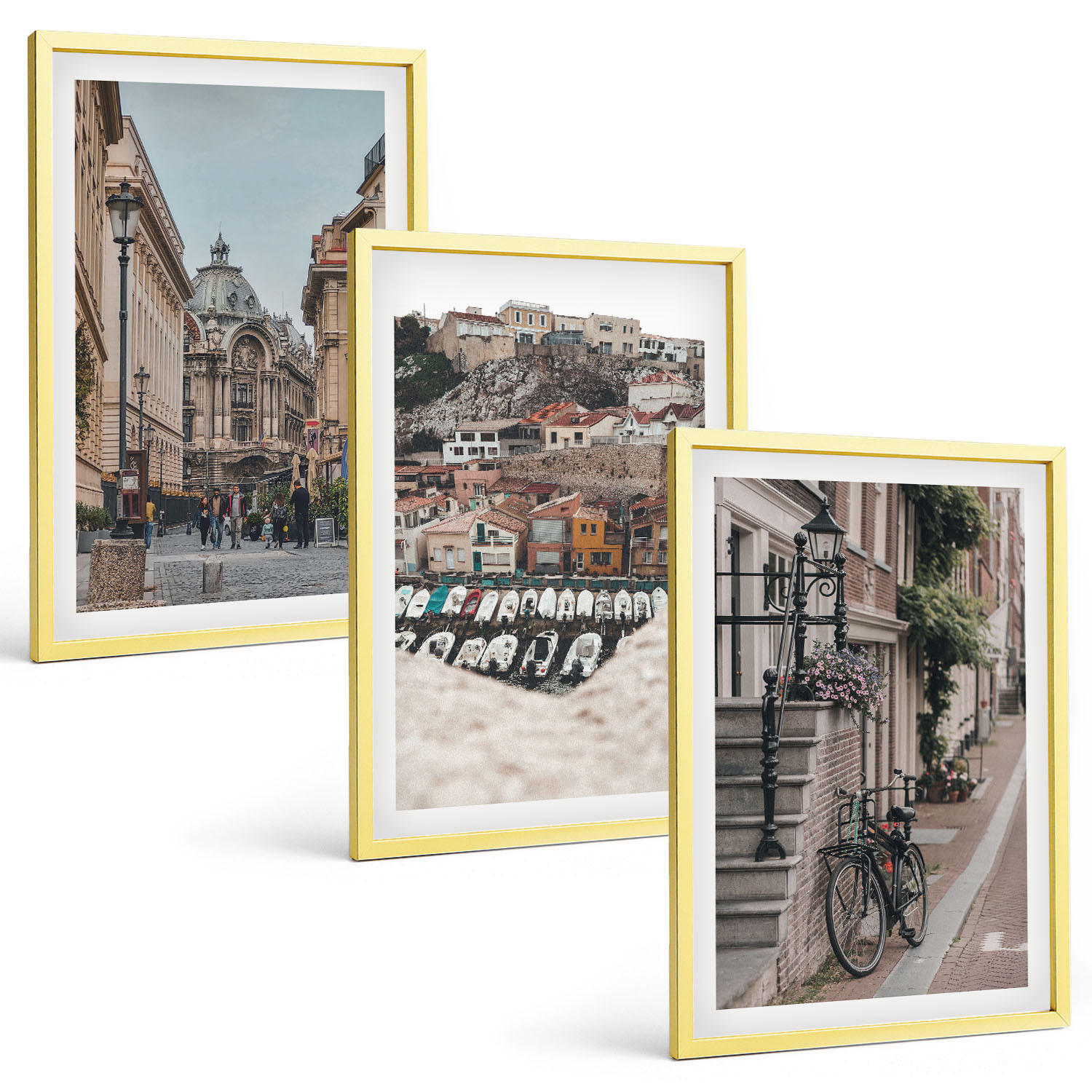 BILDER SET 3er Set - 40x60 cm Goldrahmen - Die charmanten Straßen des Hafens der Stadt - Goldfarben, Kunststoff (40/60cm) - TULUP