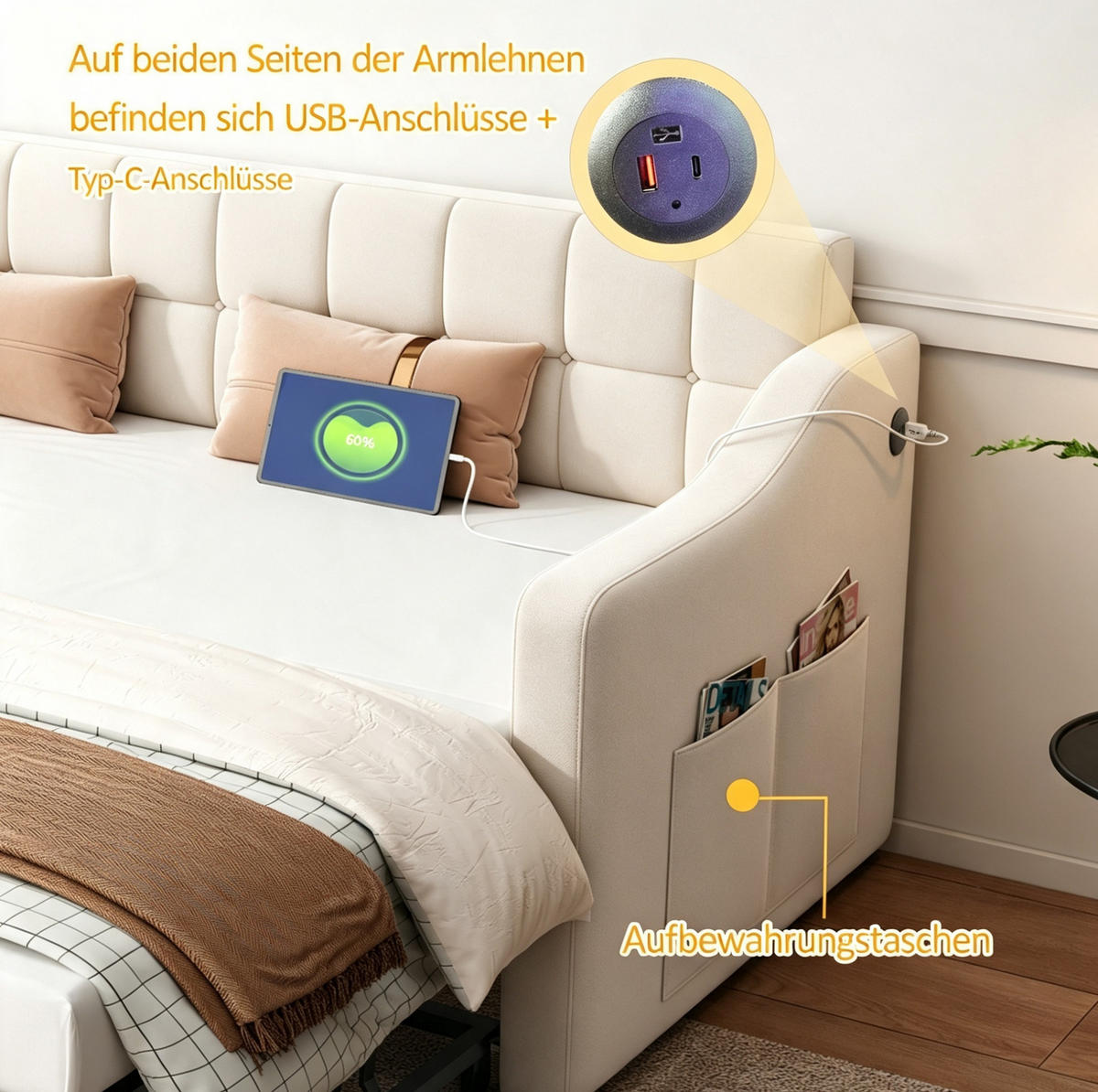 POLSTERBETT Schlafsofa aus Samt 90x190 cm Beige ausziehbar mit USB-Anschlüssen - Beige, Textil (90/190cm) - Modfu
