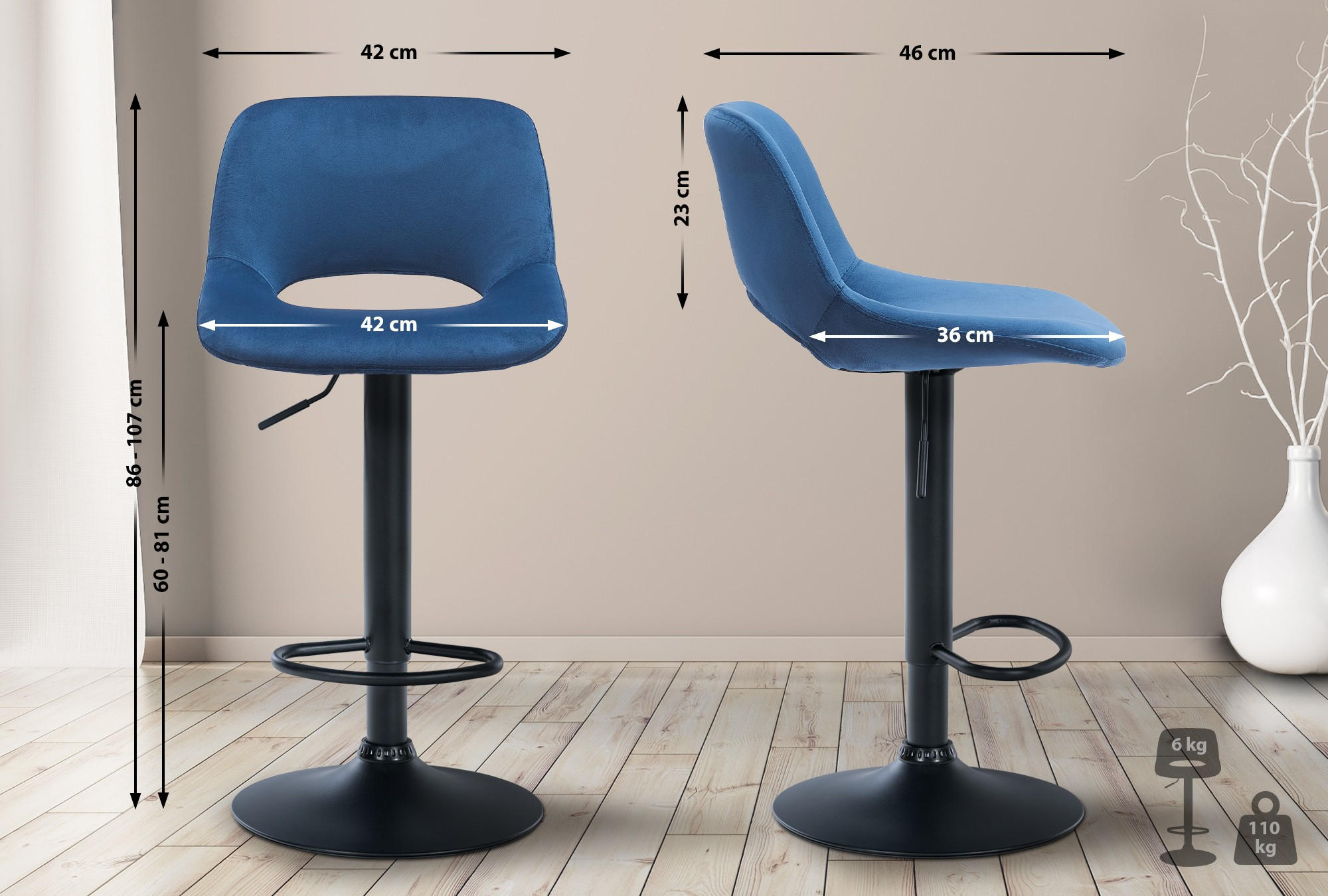 BARHOCKER JAKSON Blau Samt Schwarz - Blau, Textil/Metall (42/86/46cm) - DELUKE