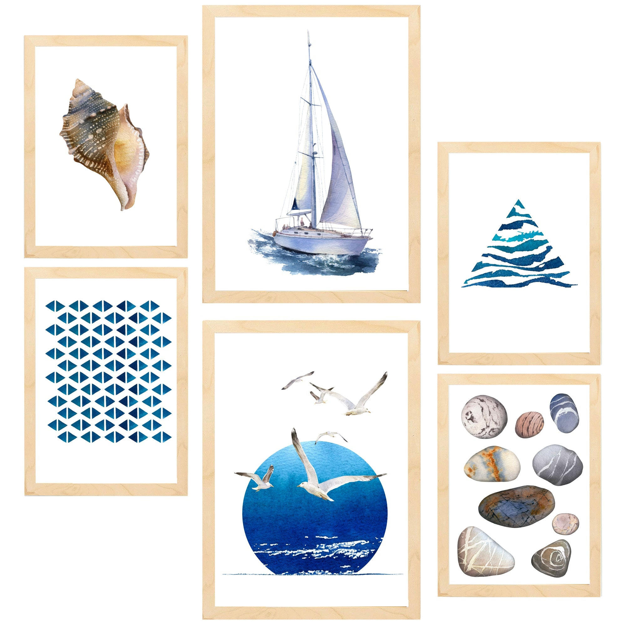 POSTER Set Mit 6 Komposition Meer Strand Sommer A3 & A4 Rahmen Aus Hellem Holz - Beige, Papier (29/3cm) - Nacnic