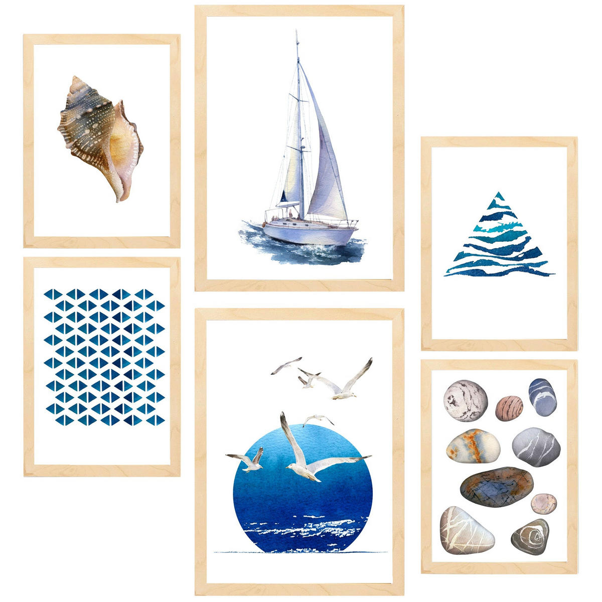 POSTER Set Mit 6 Komposition Meer Strand Sommer A3 & A4 Rahmen Aus Hellem Holz - Beige, Papier (29/3cm) - Nacnic